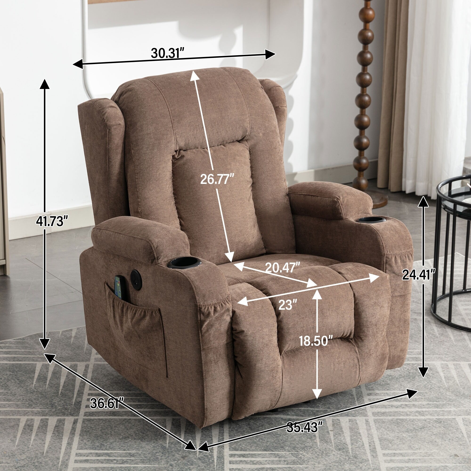 Fauteuil inclinable électrique marron avec chauffage, massage, port de chargement USB et rangement latéral, réglable pour personnes âgées