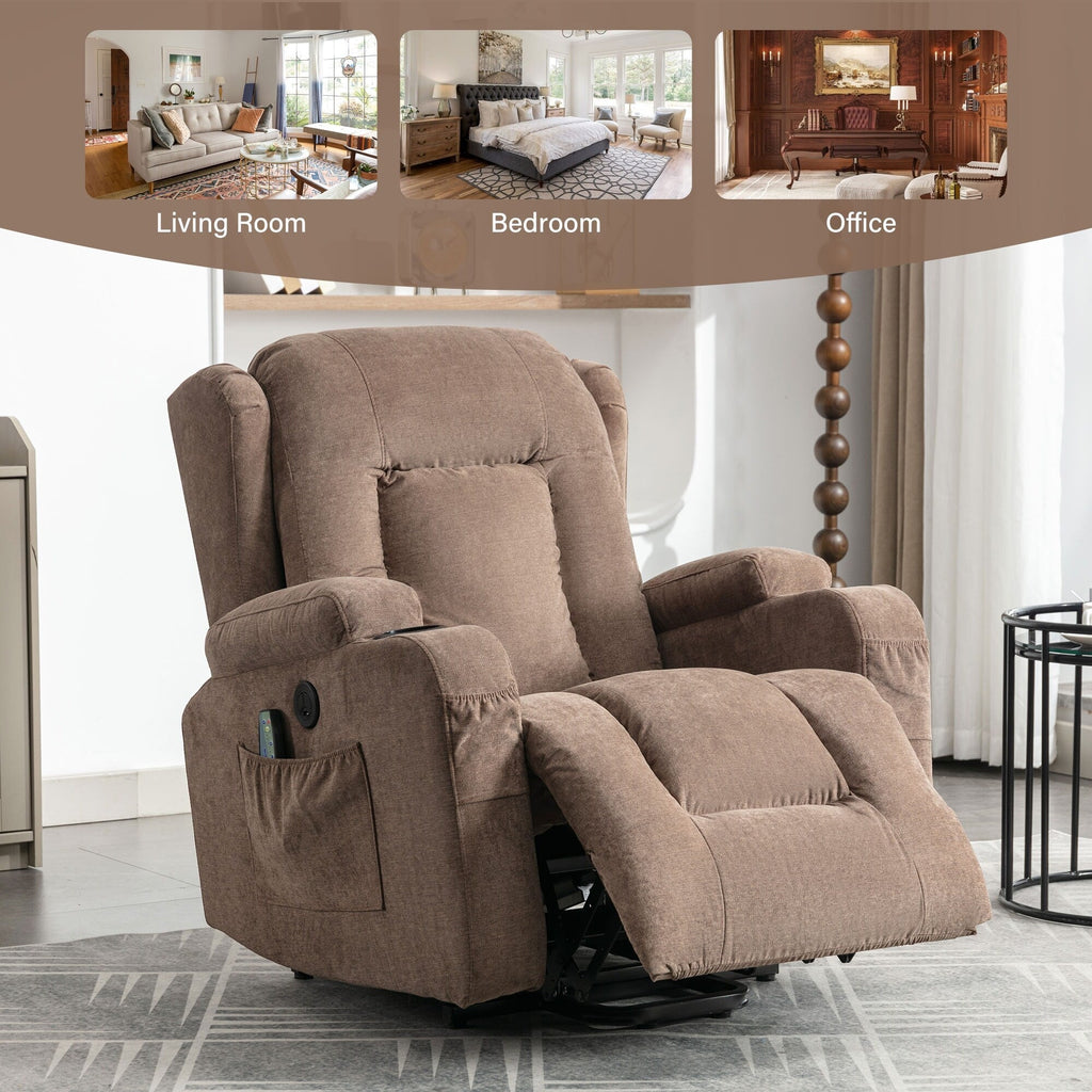 Fauteuil inclinable électrique marron avec chauffage, massage, port de chargement USB et rangement latéral, réglable pour personnes âgées