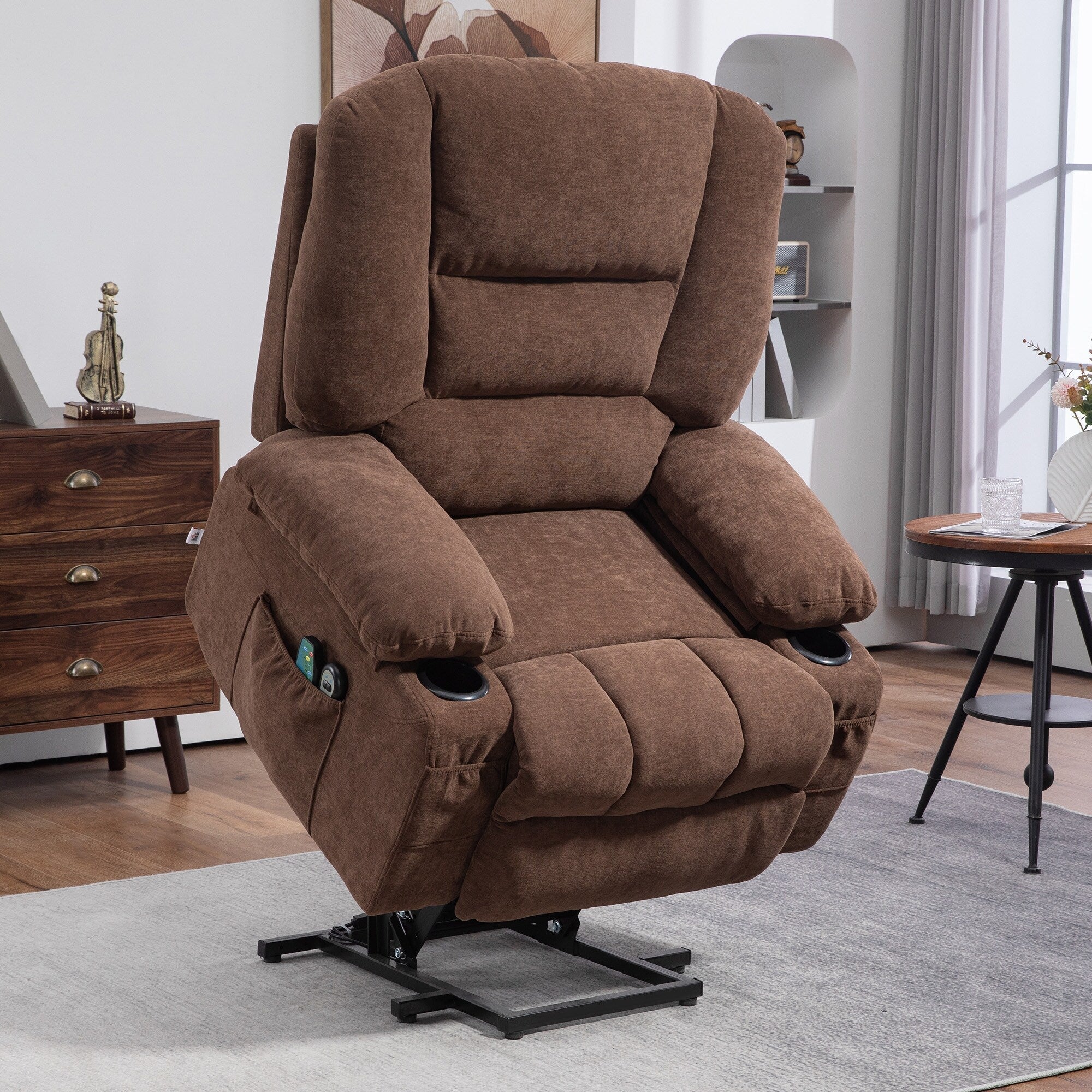 Fauteuil inclinable électrique marron avec massage, chauffage, télécommande et poches latérales