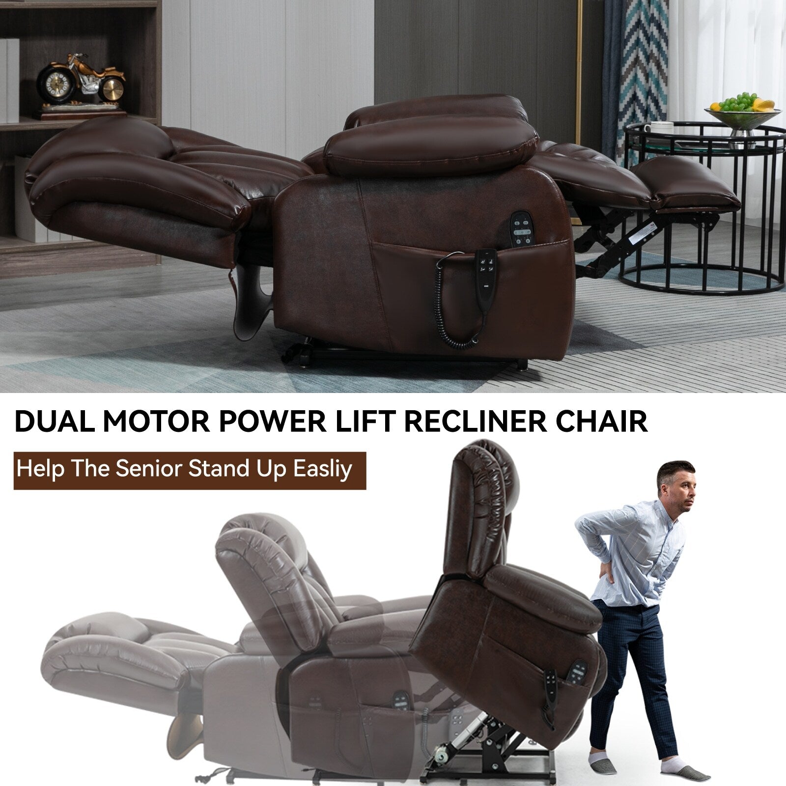 Fauteuil inclinable électrique marron avec deux moteurs, massage par vibrations à 8 points et chauffage lombaire