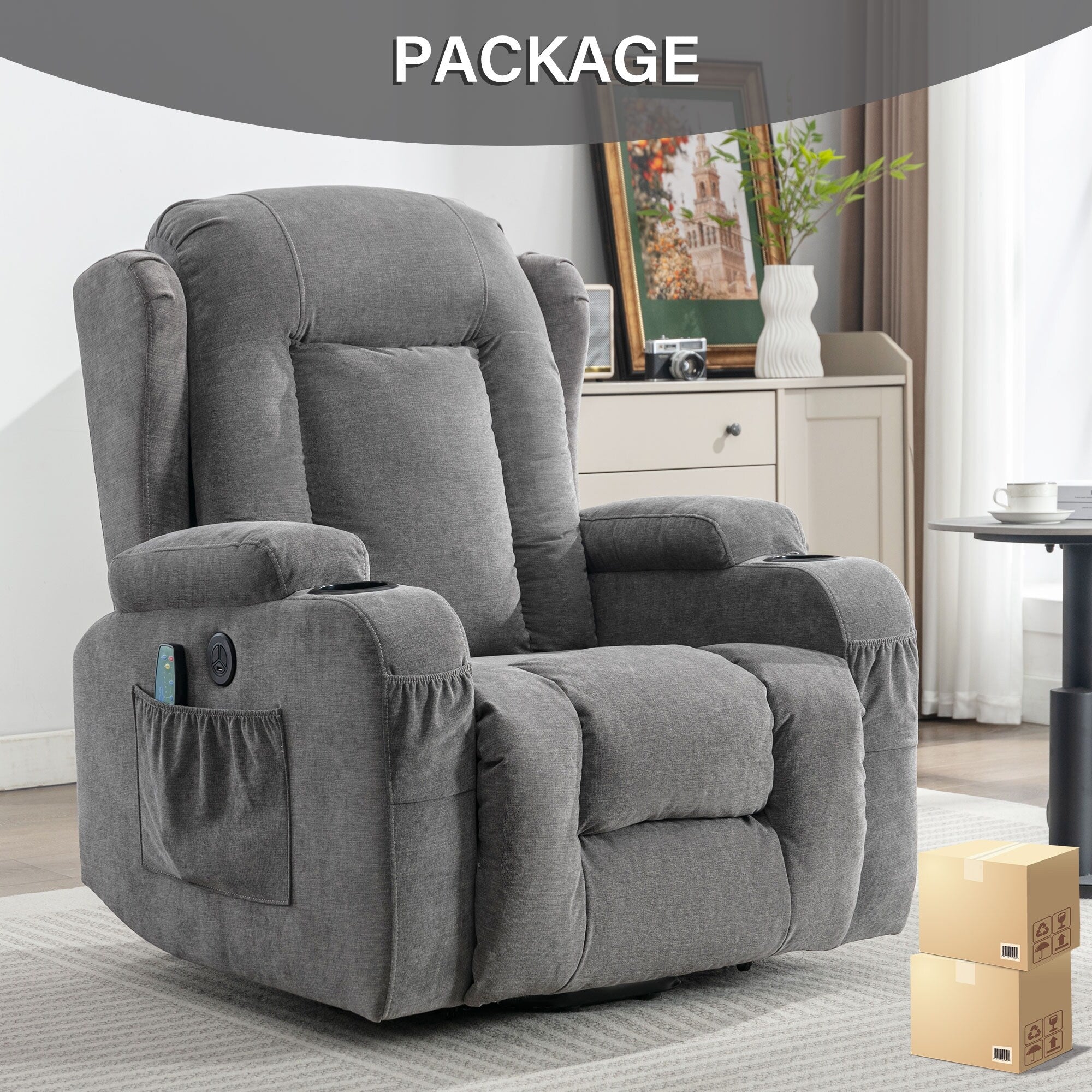 Fauteuil inclinable électrique marron avec chauffage, massage et port USB pour personnes âgées