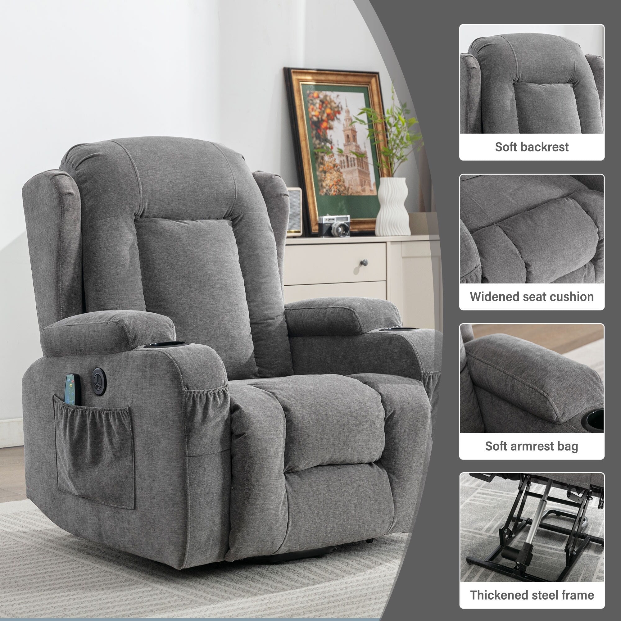 Fauteuil inclinable électrique marron avec chauffage, massage et port USB pour personnes âgées
