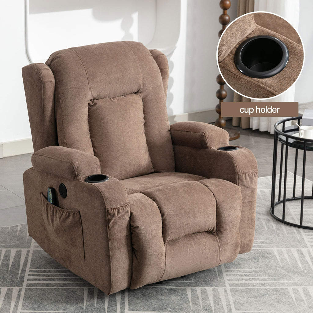 Fauteuil inclinable électrique marron avec chauffage, massage, chargement USB et rangement latéral, inclinaison réglable pour personnes âgées