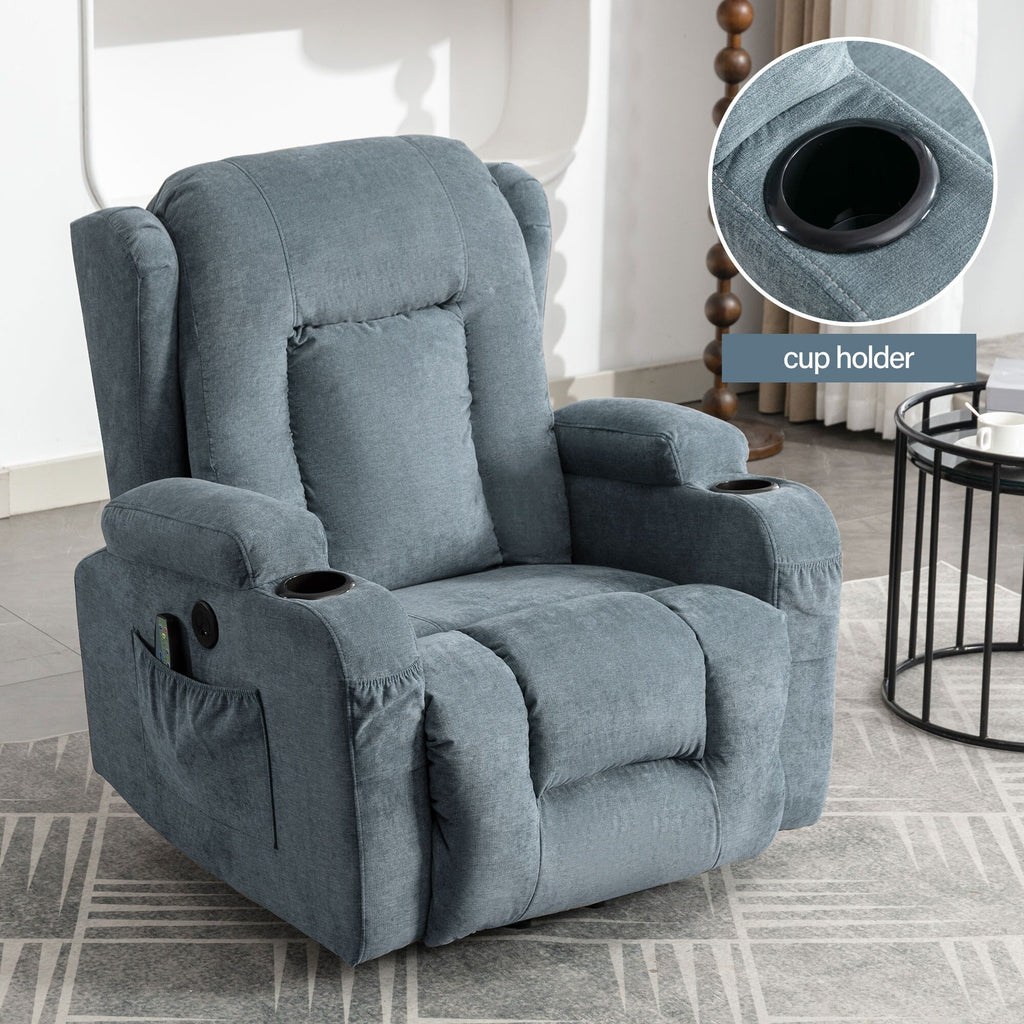 Fauteuil inclinable électrique marron avec chauffage, massage, chargement USB et rangement latéral, inclinaison réglable pour personnes âgées