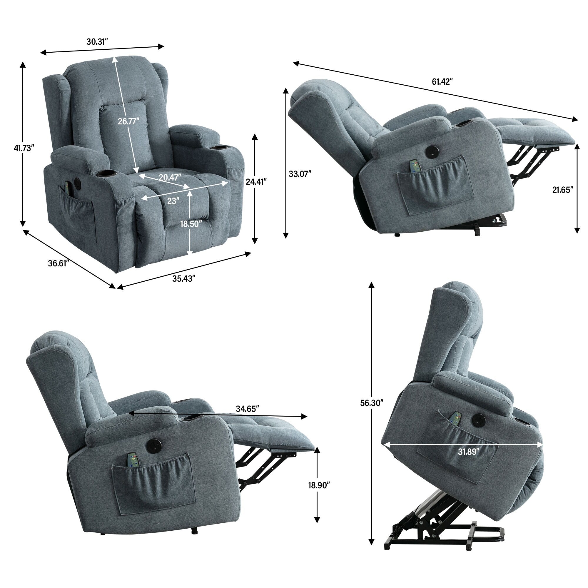 Fauteuil inclinable électrique marron avec chauffage, massage, chargement USB et rangement latéral, inclinaison réglable pour personnes âgées