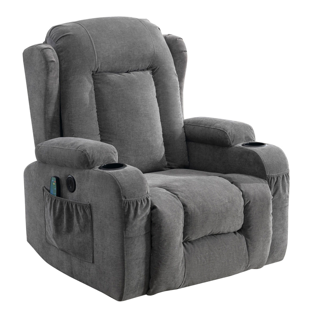 Fauteuil inclinable électrique marron avec chauffage, massage, chargement USB et rangement latéral, inclinaison réglable pour personnes âgées
