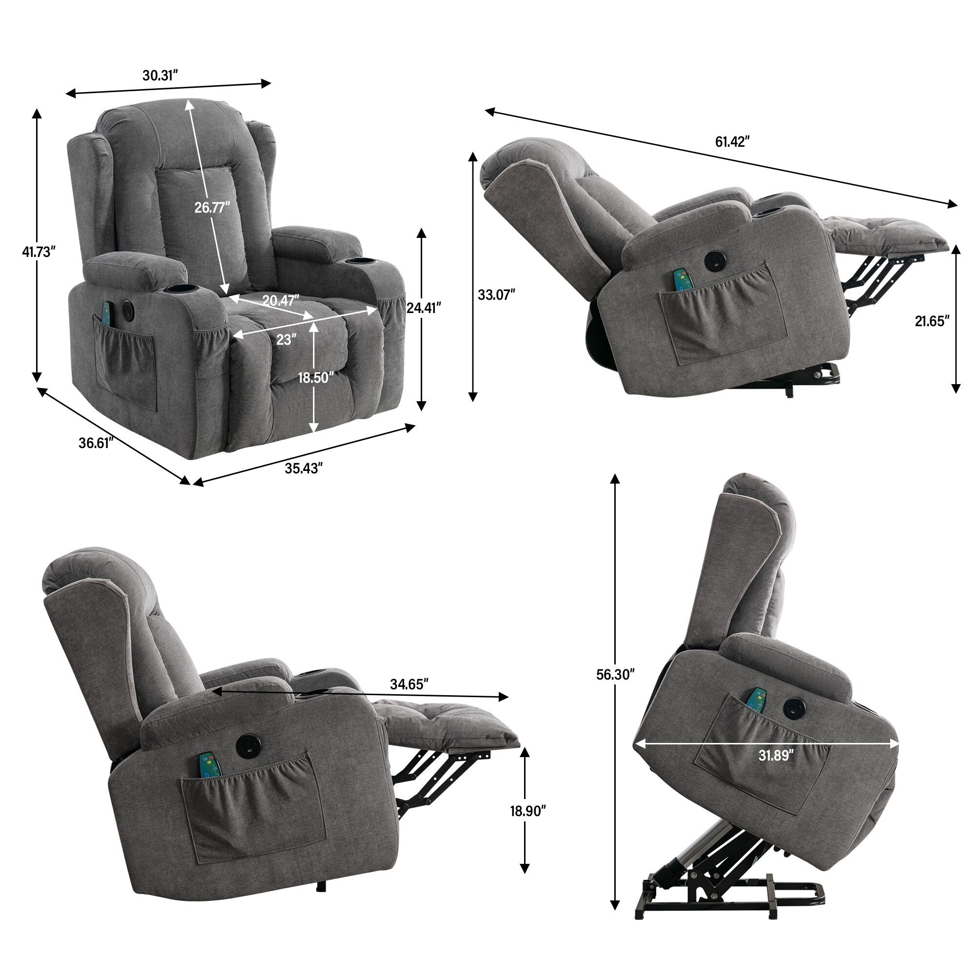 Fauteuil inclinable électrique marron avec chauffage, massage, chargement USB et rangement latéral, inclinaison réglable pour personnes âgées
