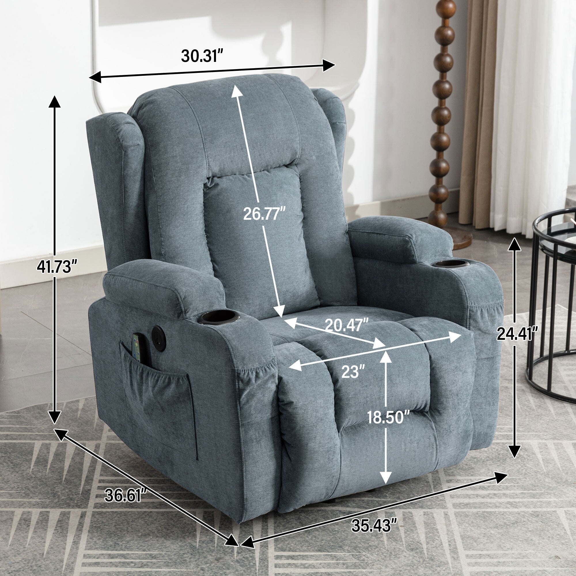Fauteuil inclinable électrique marron avec chauffage, massage, chargement USB et rangement latéral, inclinaison réglable pour personnes âgées