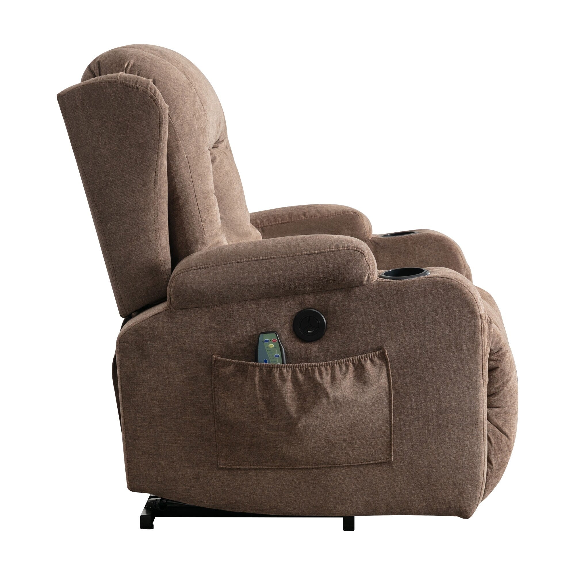 Fauteuil inclinable électrique marron avec chauffage, massage, chargement USB et rangement latéral, inclinaison réglable pour personnes âgées