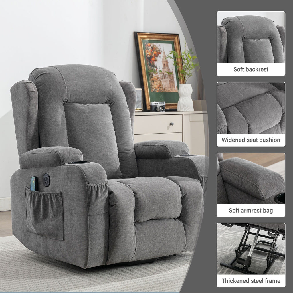 Fauteuil inclinable électrique marron avec chauffage, massage, chargement USB et rangement latéral, inclinaison réglable pour personnes âgées