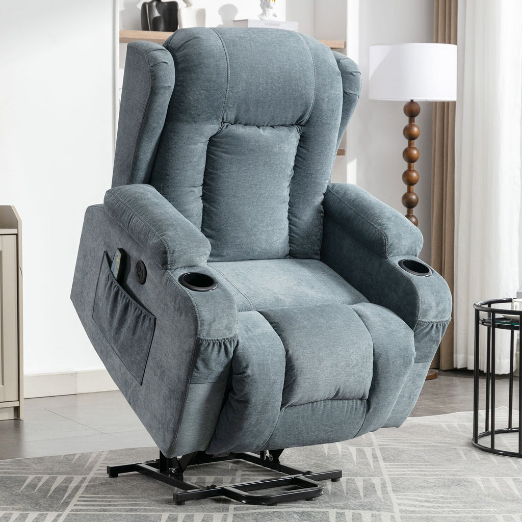 Fauteuil inclinable électrique marron avec chauffage, massage, chargement USB et rangement latéral, inclinaison réglable pour personnes âgées