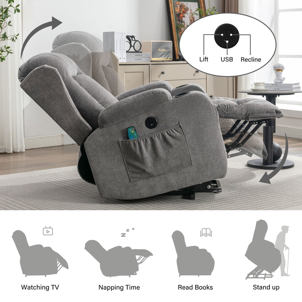 Fauteuil inclinable électrique marron avec chauffage, massage, chargement USB et rangement latéral, inclinaison réglable pour personnes âgées