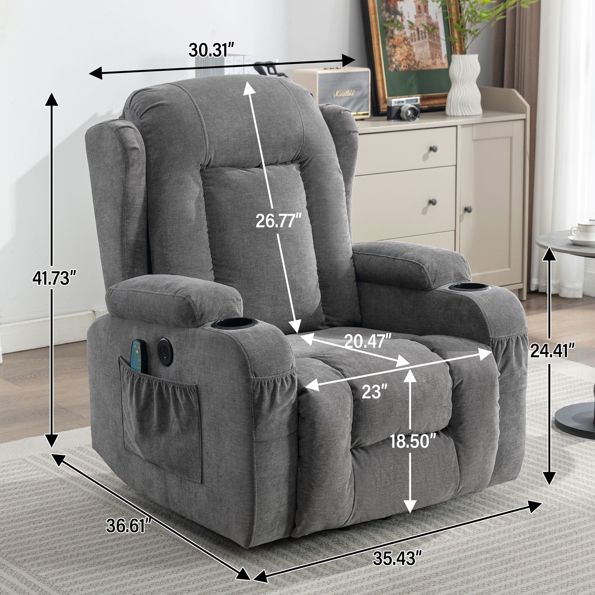 Fauteuil inclinable électrique marron avec chauffage, massage, chargement USB et rangement latéral, inclinaison réglable pour personnes âgées