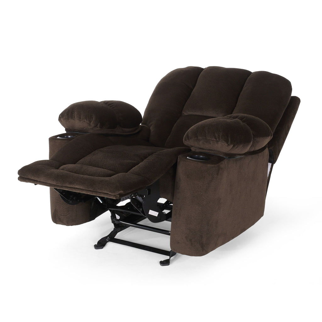 Fauteuil inclinable manuel élégant en tissu marron avec deux porte-gobelets, dimensions généreuses pour un confort optimal