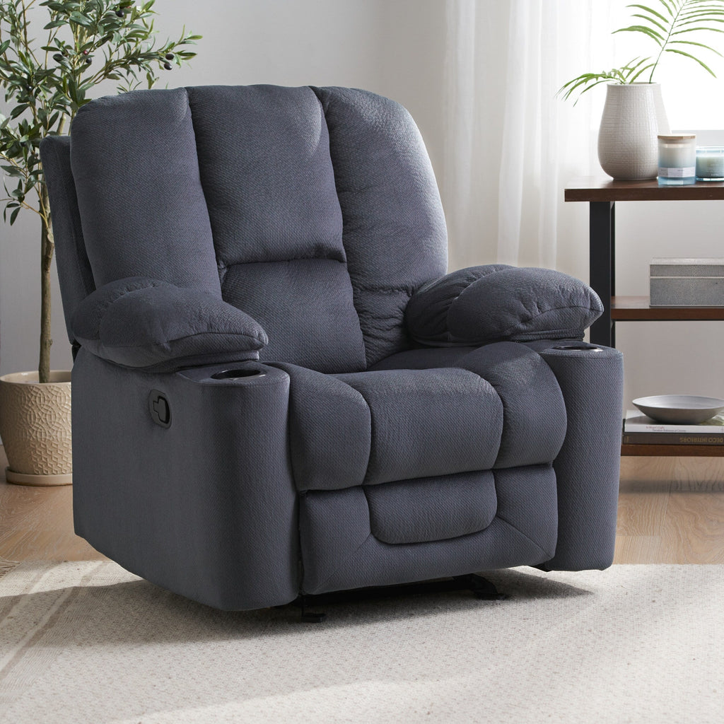 Fauteuil inclinable manuel élégant en tissu marron avec deux porte-gobelets, dimensions généreuses pour un confort optimal