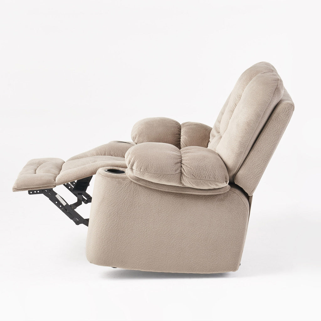 Fauteuil inclinable manuel élégant en tissu marron avec deux porte-gobelets, dimensions généreuses pour un confort optimal