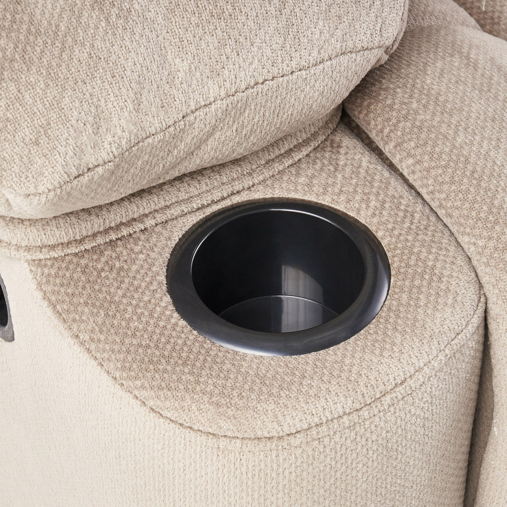 Fauteuil inclinable manuel élégant en tissu marron avec deux porte-gobelets, dimensions spacieuses pour un confort maximal