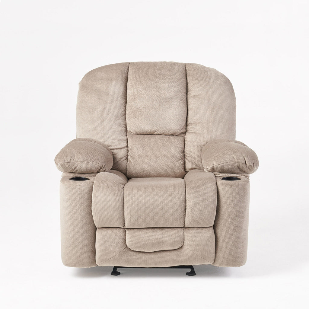 Fauteuil inclinable manuel élégant en tissu marron avec deux porte-gobelets, dimensions spacieuses pour un confort maximal