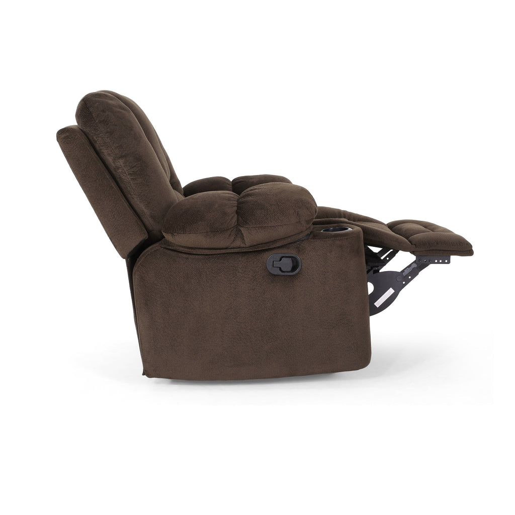 Fauteuil inclinable manuel élégant en tissu marron avec deux porte-gobelets et dimensions généreuses pour un confort maximal