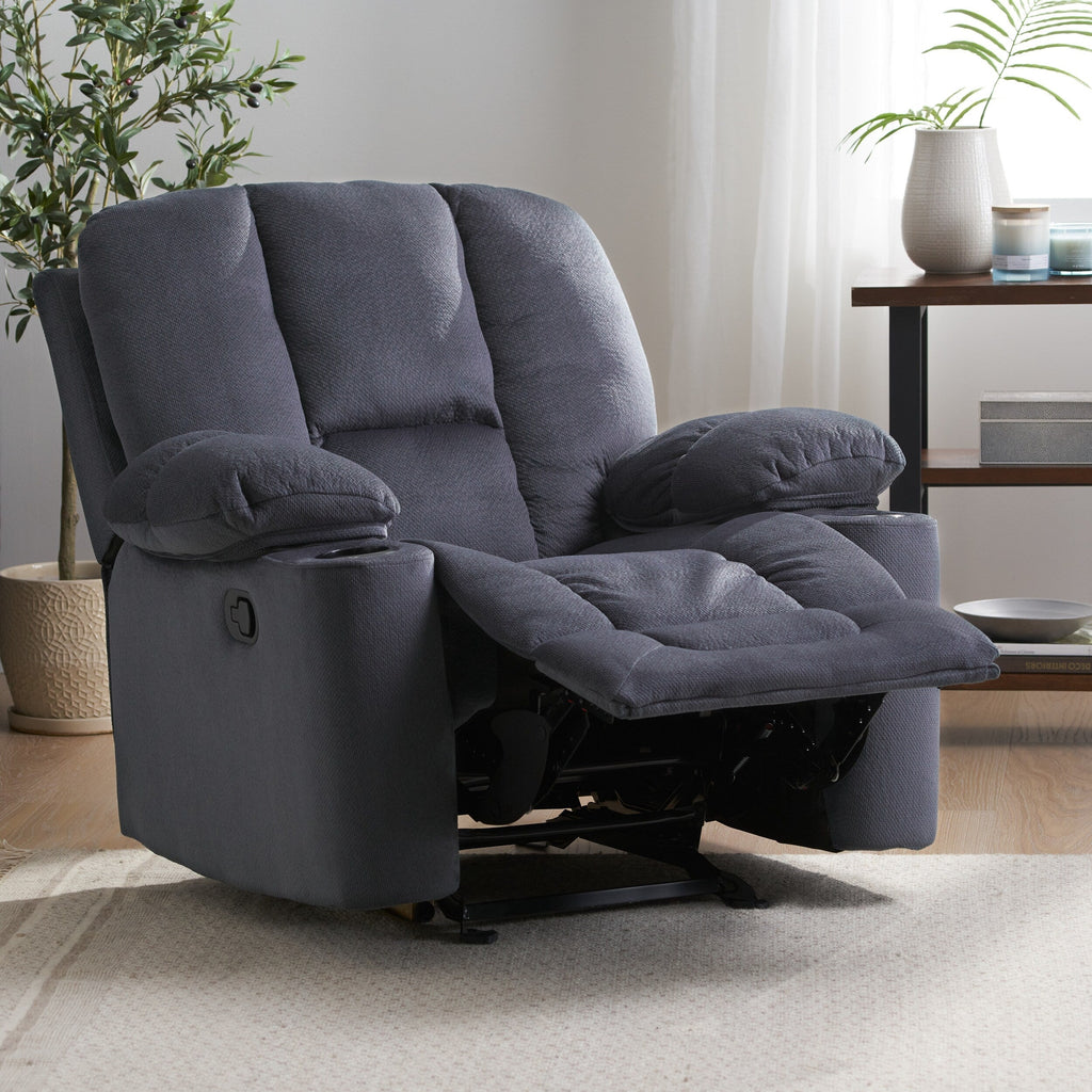 Fauteuil inclinable manuel élégant en tissu marron avec deux porte-gobelets et dimensions généreuses pour un confort maximal