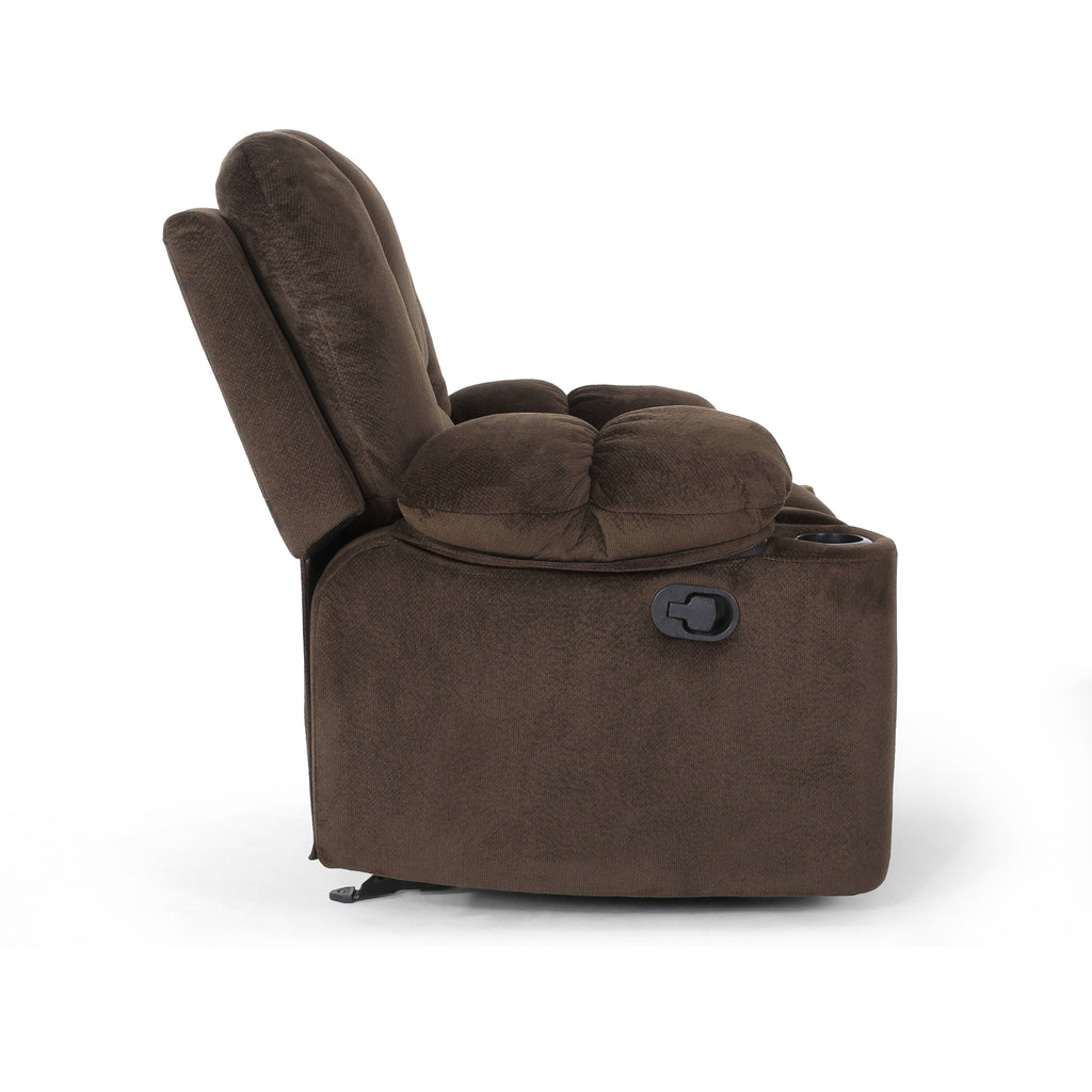 Fauteuil inclinable manuel élégant en tissu marron avec deux porte-gobelets et dimensions généreuses pour un confort maximal