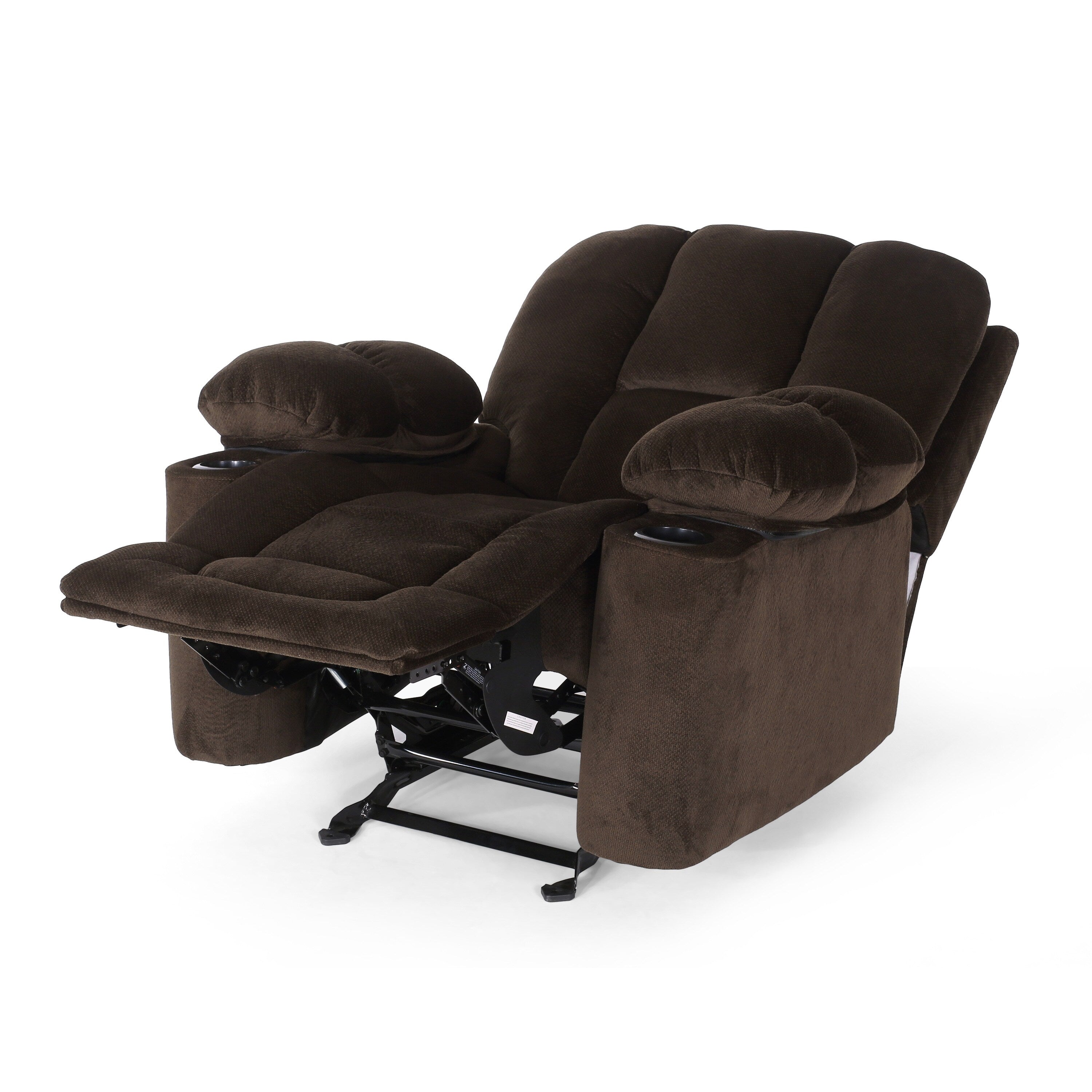 Fauteuil inclinable manuel élégant en tissu marron avec deux porte-gobelets et dimensions généreuses pour une détente maximale