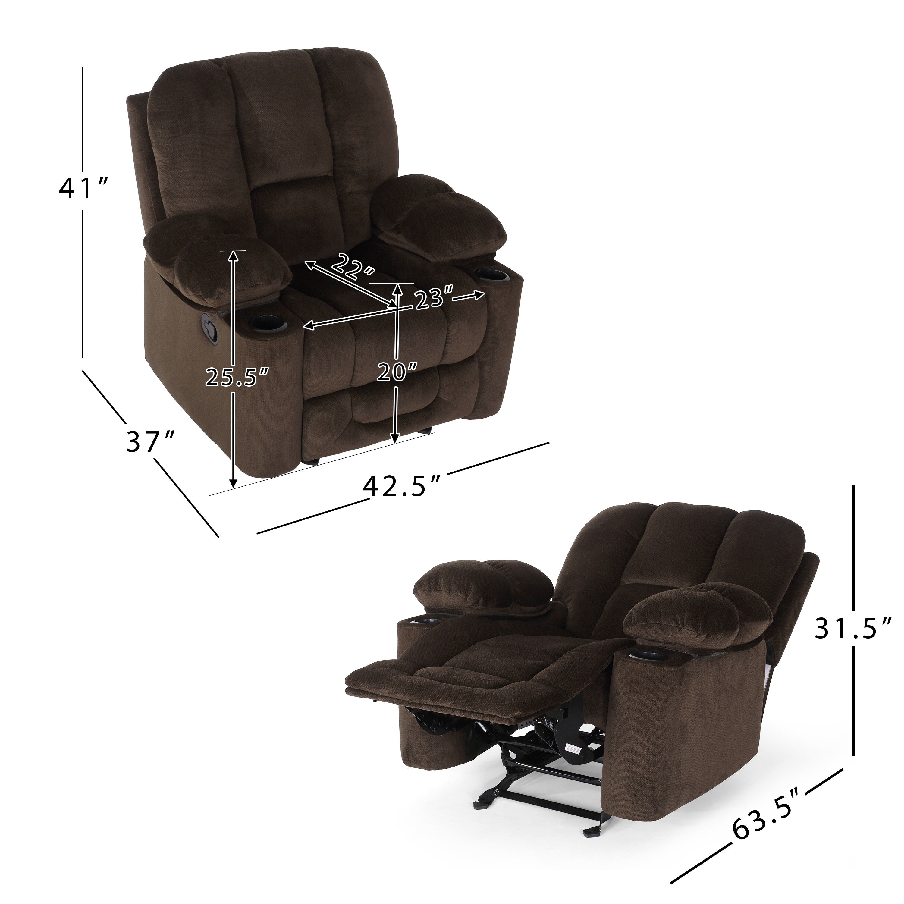 Fauteuil inclinable manuel élégant en tissu marron avec deux porte-gobelets et dimensions généreuses pour une détente maximale