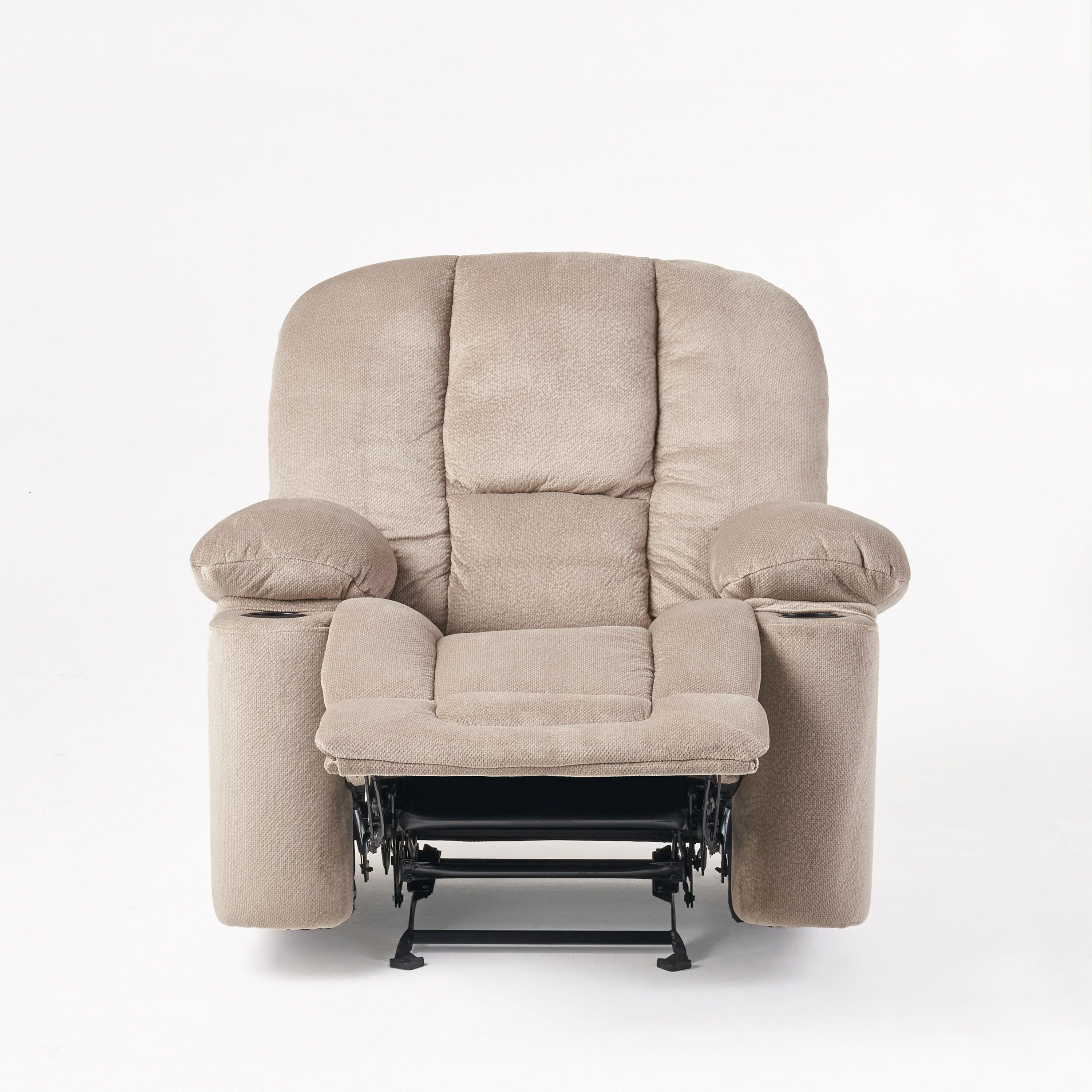 Fauteuil inclinable manuel élégant en tissu marron avec deux porte-gobelets et dimensions généreuses pour une détente maximale