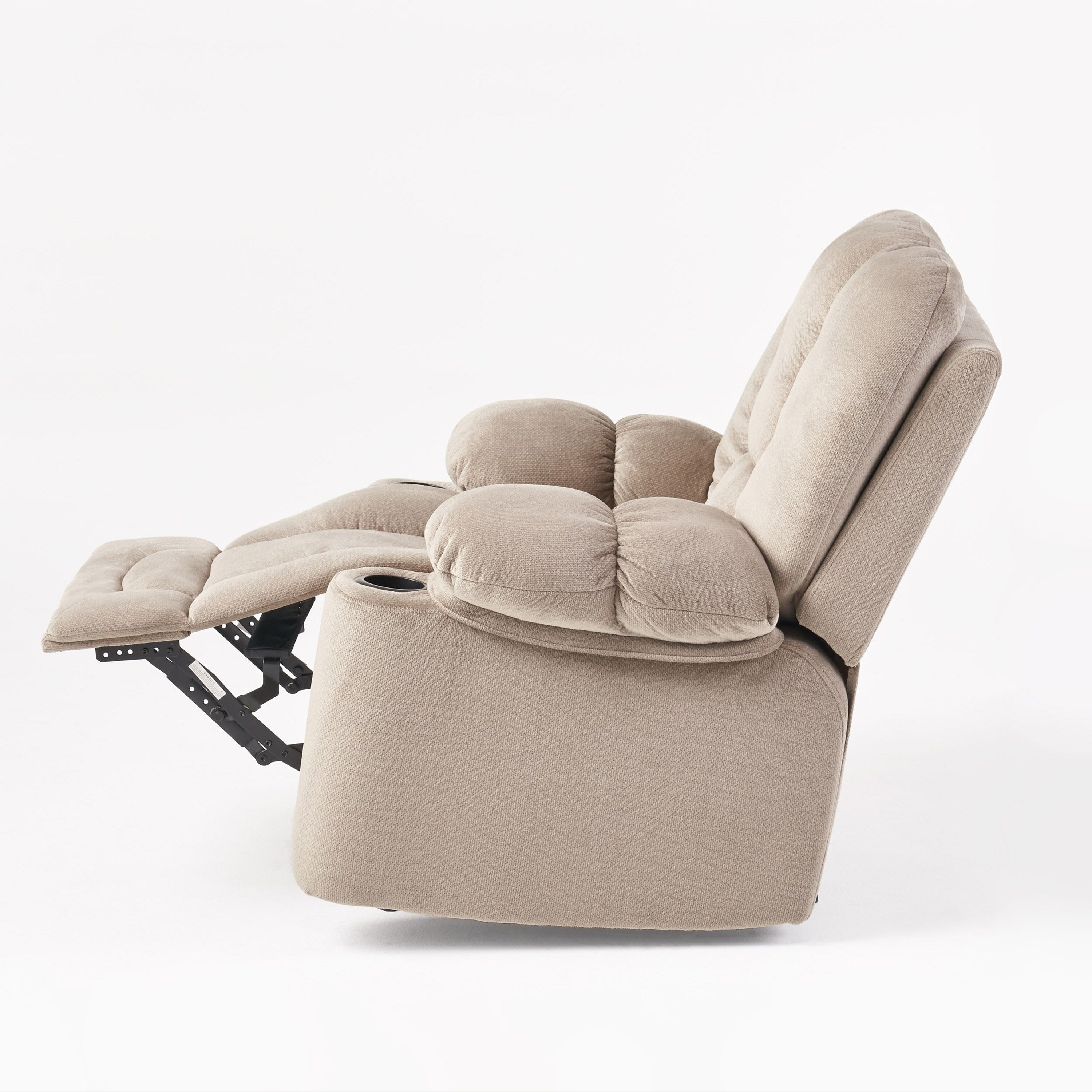 Fauteuil inclinable manuel élégant marron avec tissu doux pour la peau, confort moelleux et deux porte-gobelets