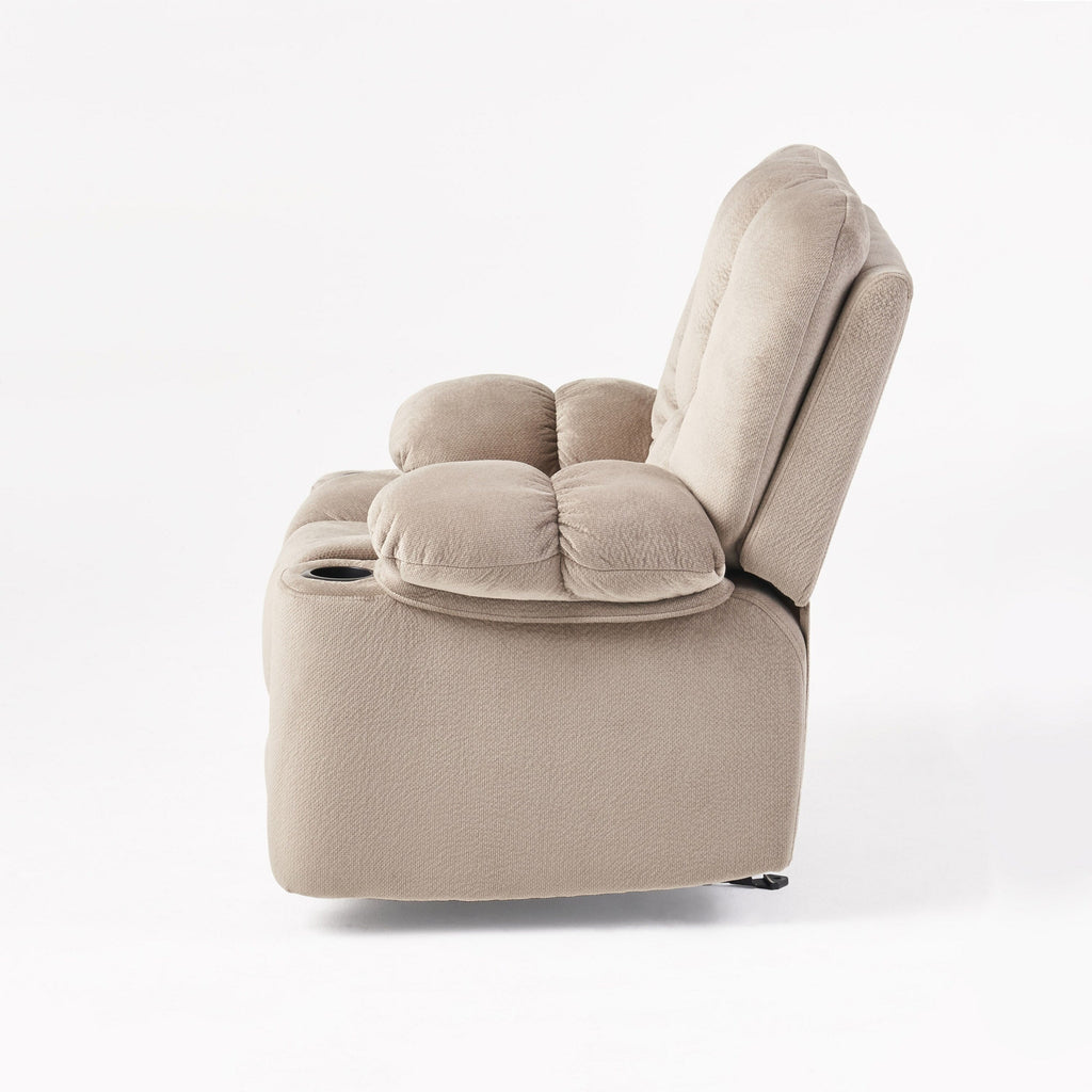 Fauteuil inclinable manuel élégant marron avec tissu doux pour la peau, confort moelleux et deux porte-gobelets