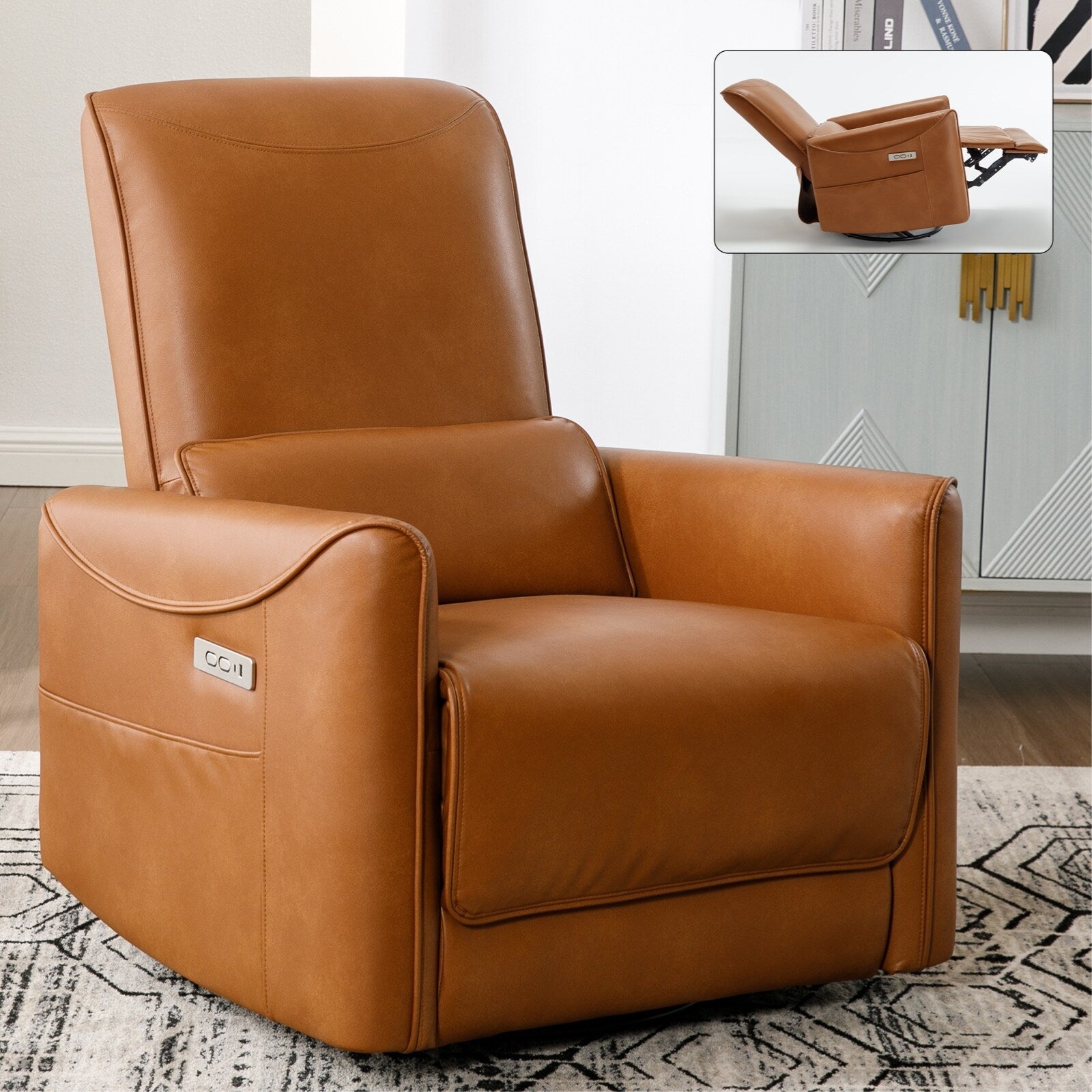 Fauteuil inclinable électrique ergonomique marron avec pivot à 270°, ports de charge USB et Type-C et support lombaire confortable