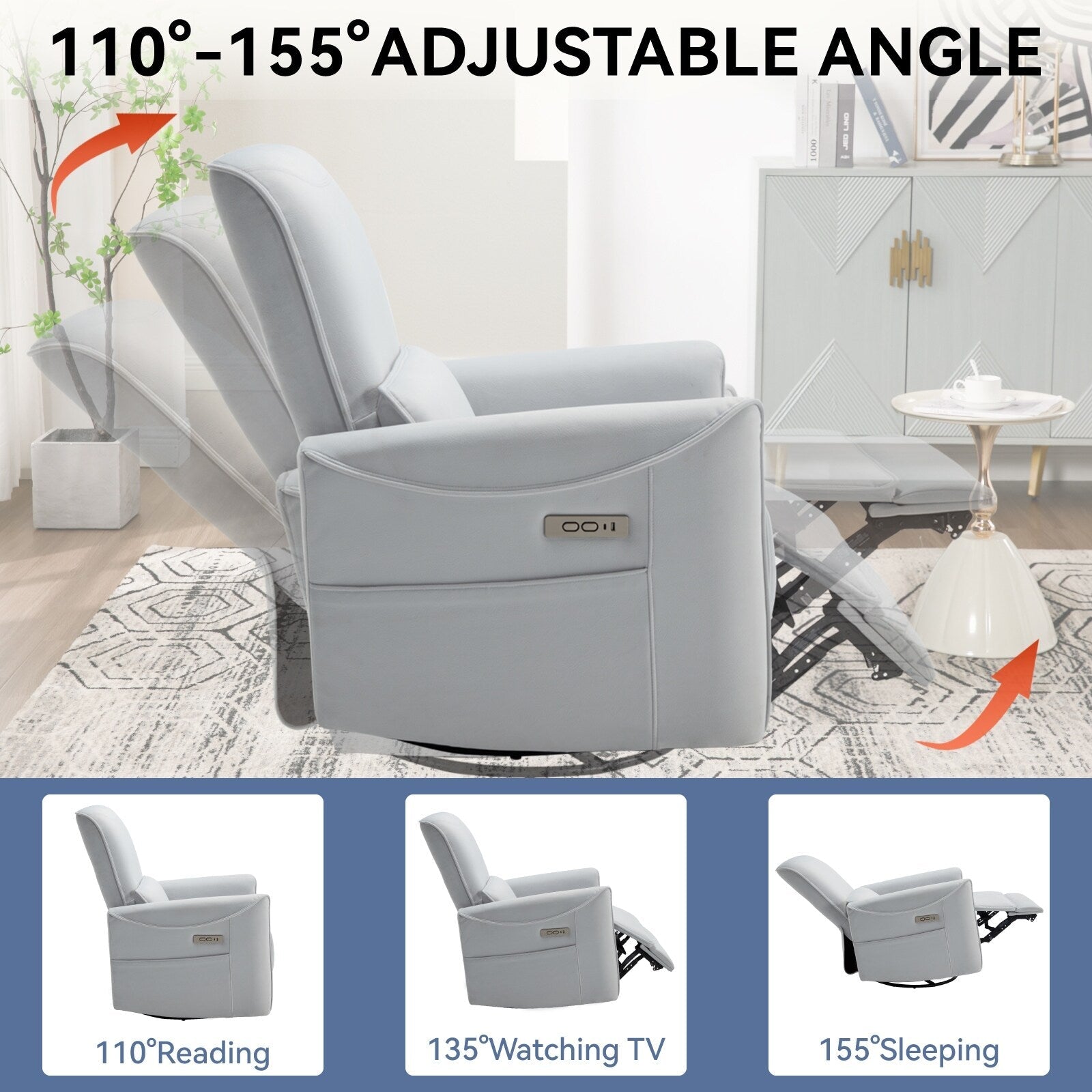 Fauteuil inclinable électrique ergonomique marron avec pivot à 270°, ports de charge USB et Type-C et support lombaire confortable