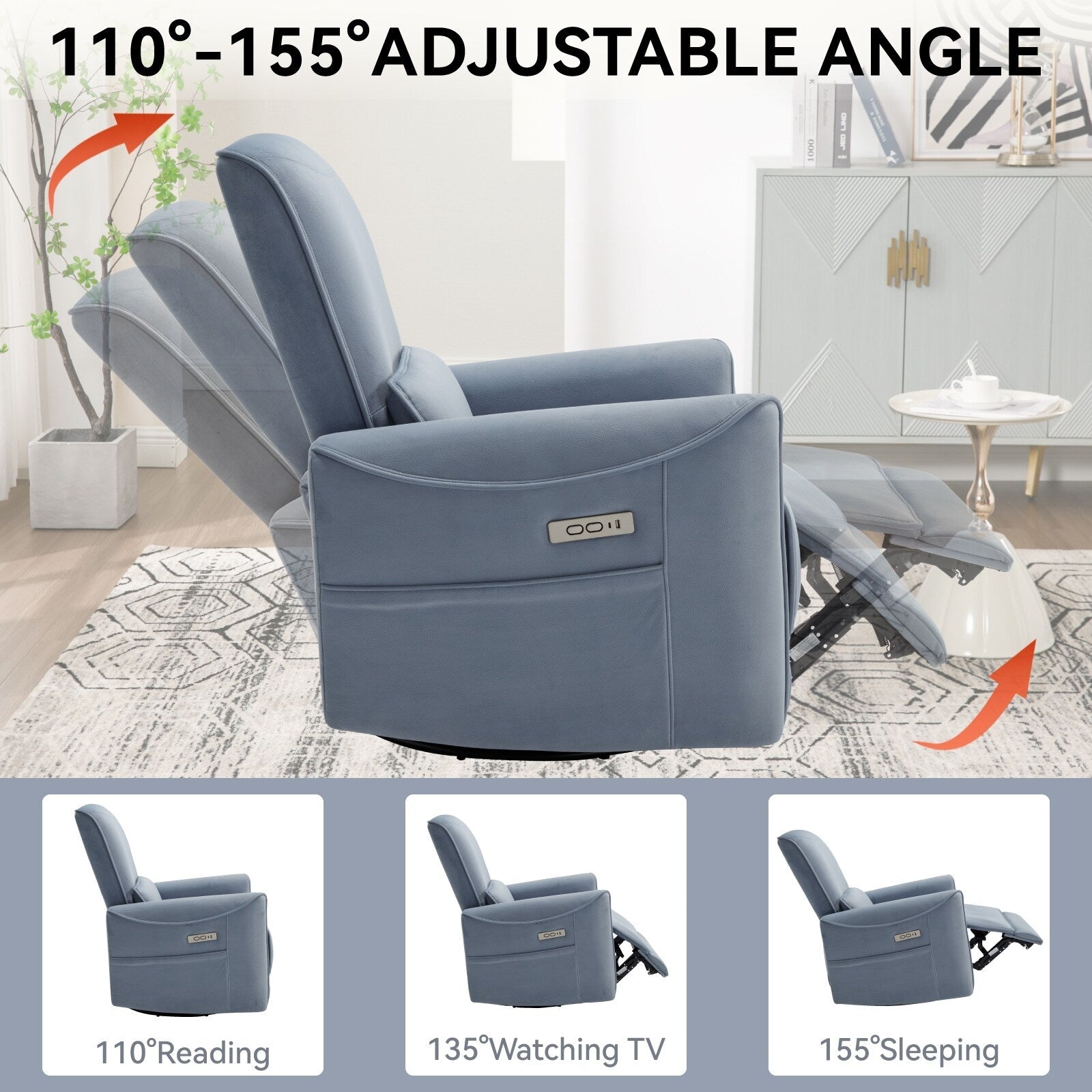 Fauteuil inclinable électrique ergonomique marron avec pivot à 270°, ports de charge USB et Type-C et support lombaire confortable