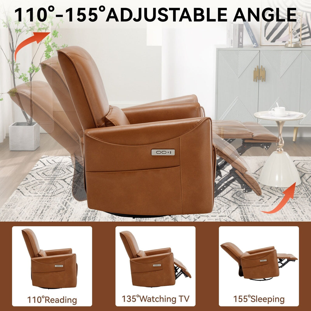 Fauteuil inclinable électrique ergonomique marron avec pivot à 270°, balancement doux, revêtement durable et chargement USB et Type-C