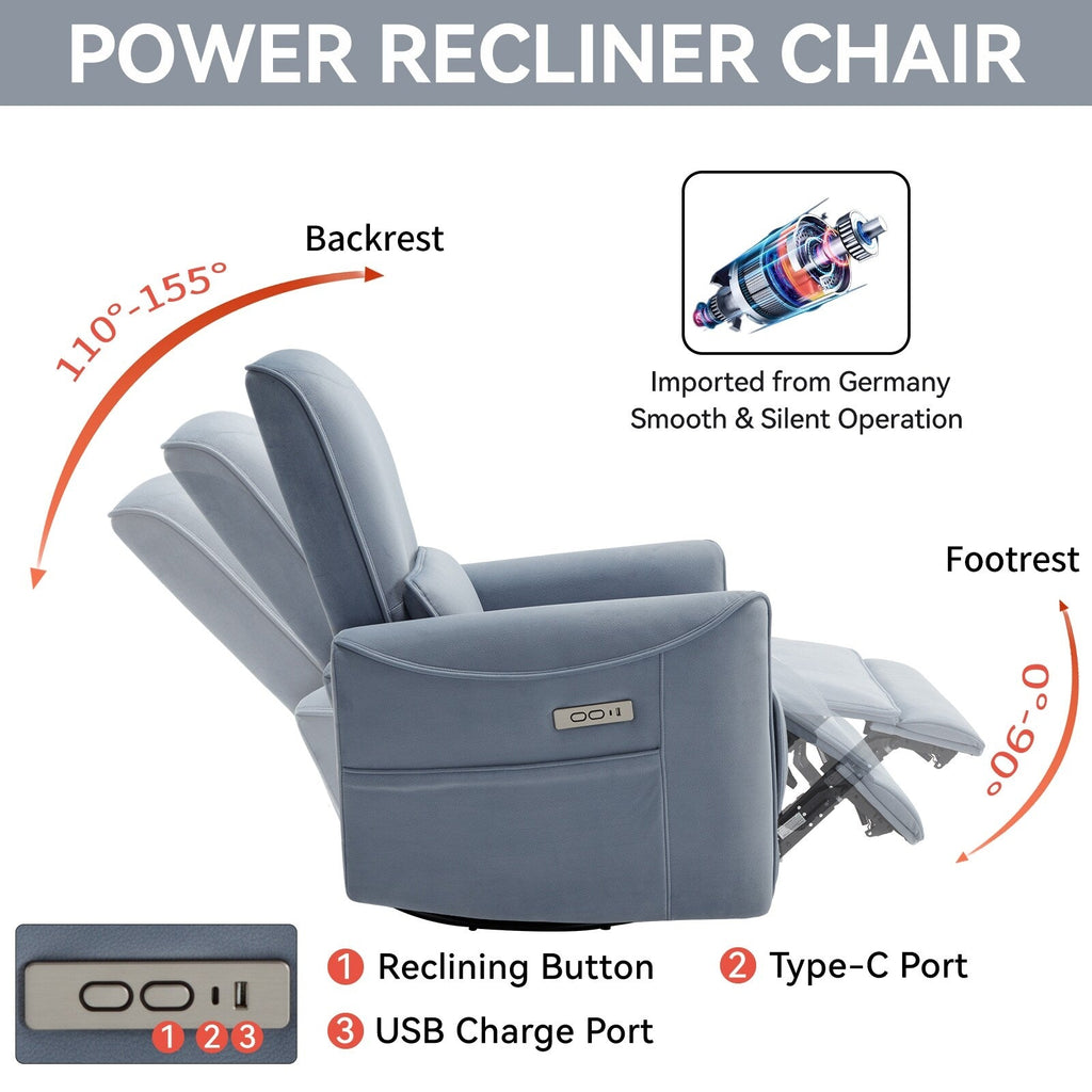 Fauteuil inclinable électrique ergonomique marron avec pivot à 270°, balancement doux, revêtement durable et chargement USB et Type-C