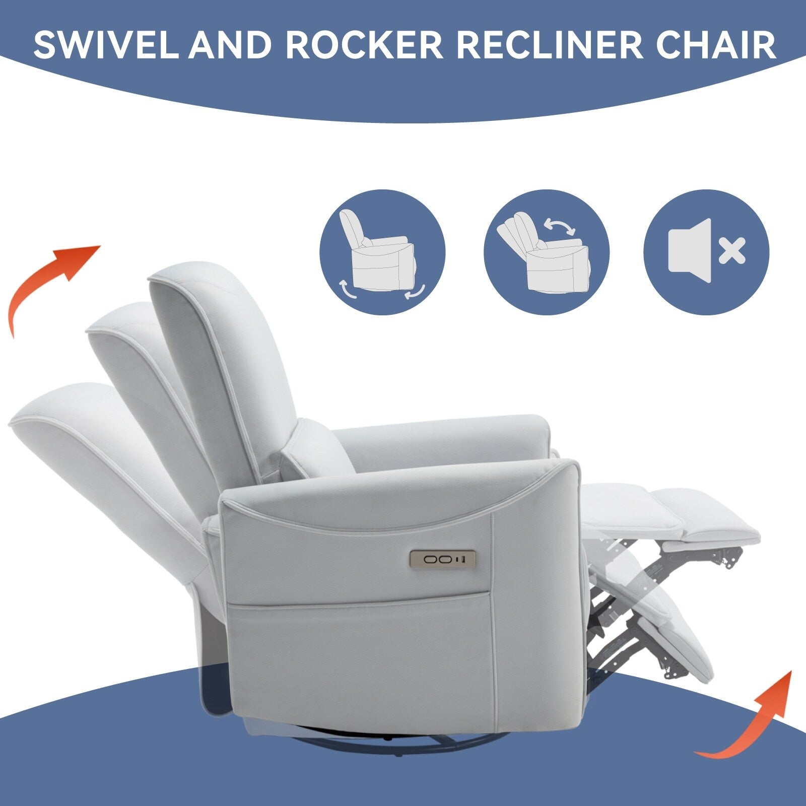 Fauteuil inclinable électrique ergonomique marron avec pivot à 270°, balancement doux, revêtement durable et chargement USB et Type-C