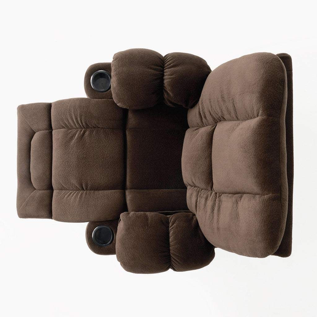 Fauteuil inclinable manuel en tissu marron avec deux porte-gobelets et dimensions généreuses