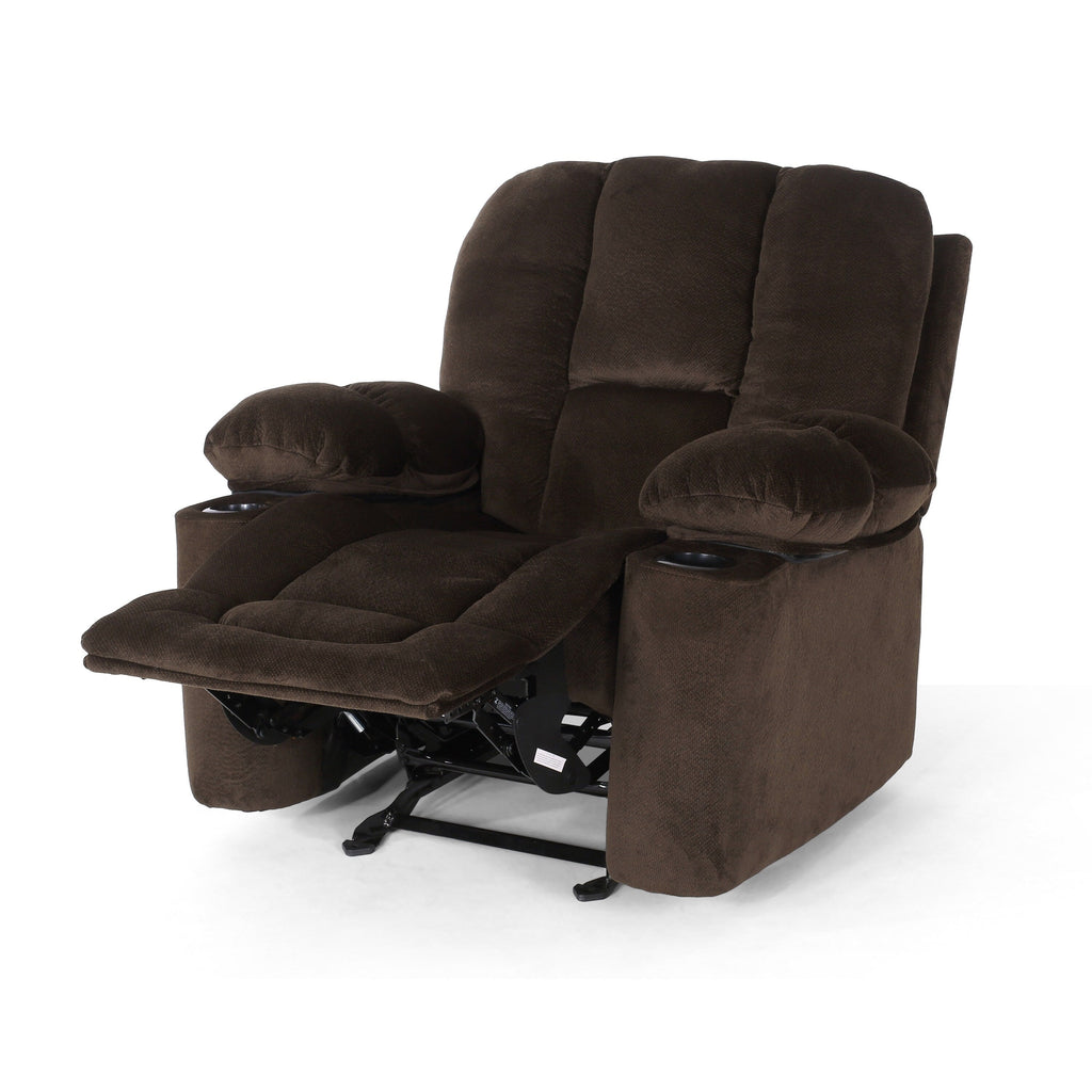 Fauteuil inclinable manuel en tissu marron avec deux porte-gobelets et dimensions généreuses