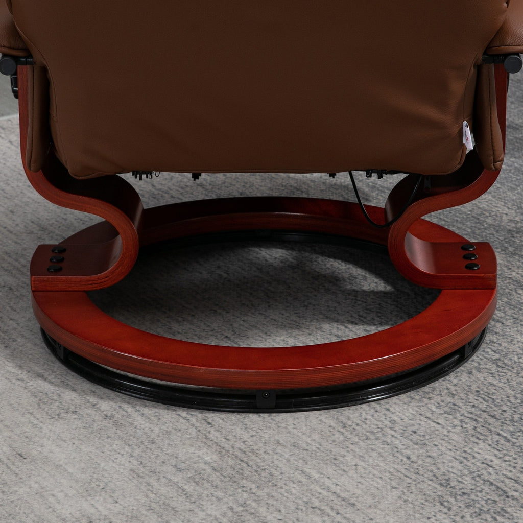 Fauteuil inclinable manuel réglable en similicuir marron avec base pivotante, repose-pieds et accoudoirs pour salon