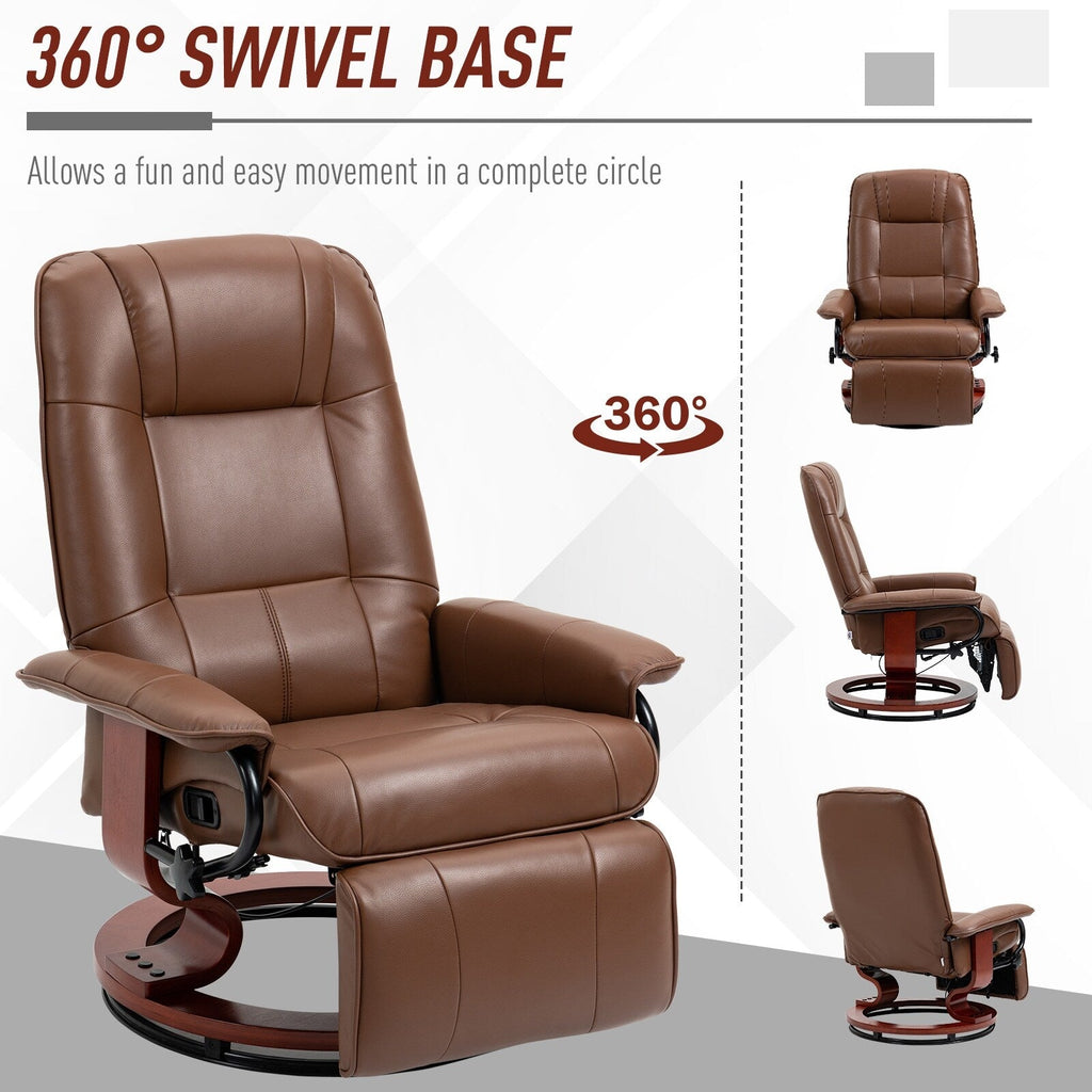 Fauteuil inclinable manuel réglable en similicuir marron avec base pivotante, repose-pieds et accoudoirs pour salon