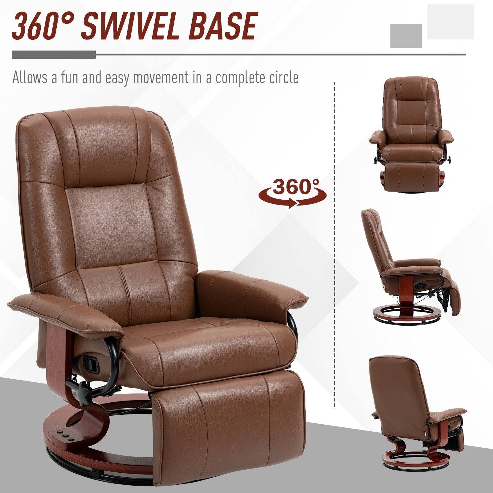 Fauteuil inclinable manuel réglable en similicuir marron avec base pivotante, repose-pieds et accoudoirs pour salon