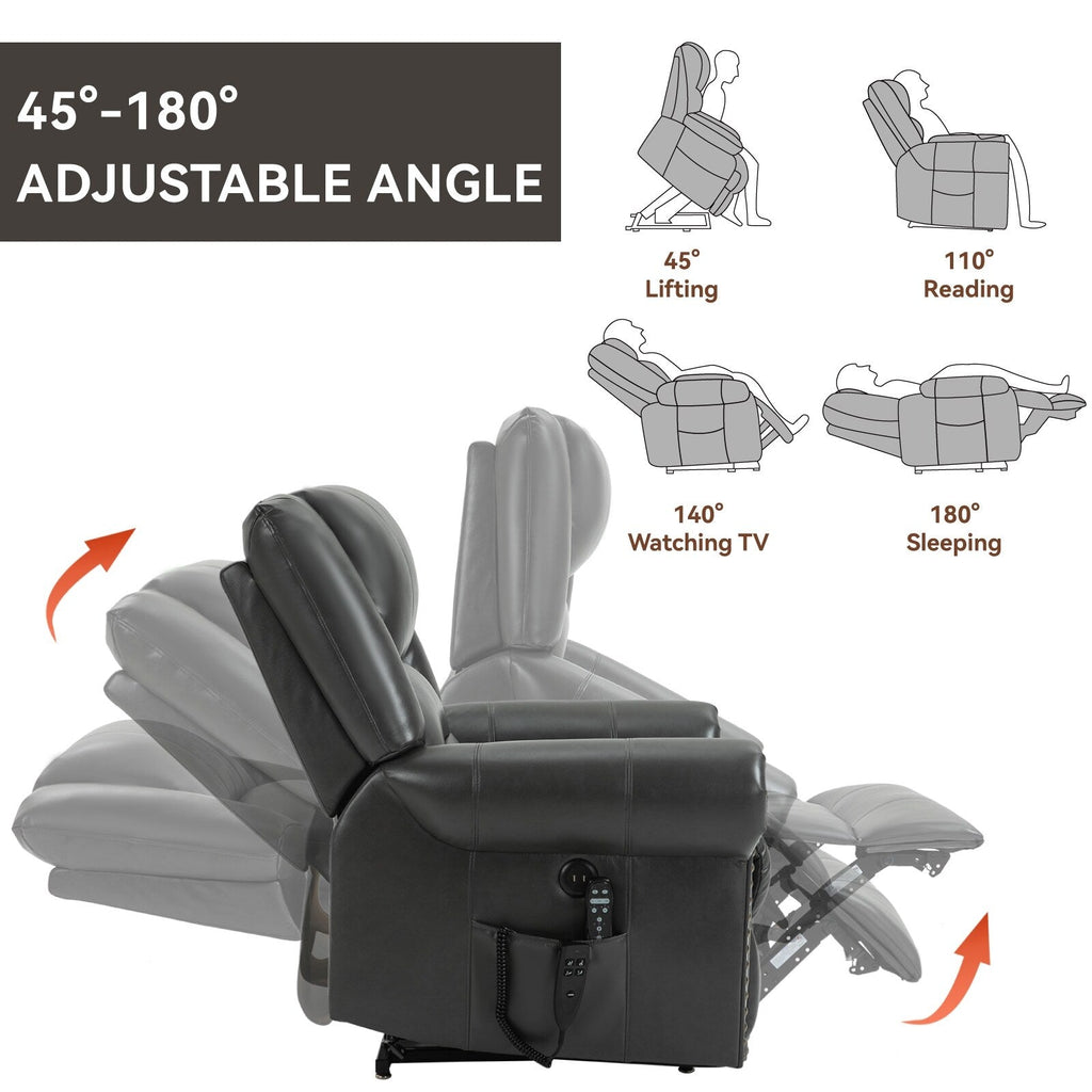 Fauteuil inclinable à double moteur en similicuir marron avec chauffage et massage, ports USB et inclinaison infinie pour personnes âgées