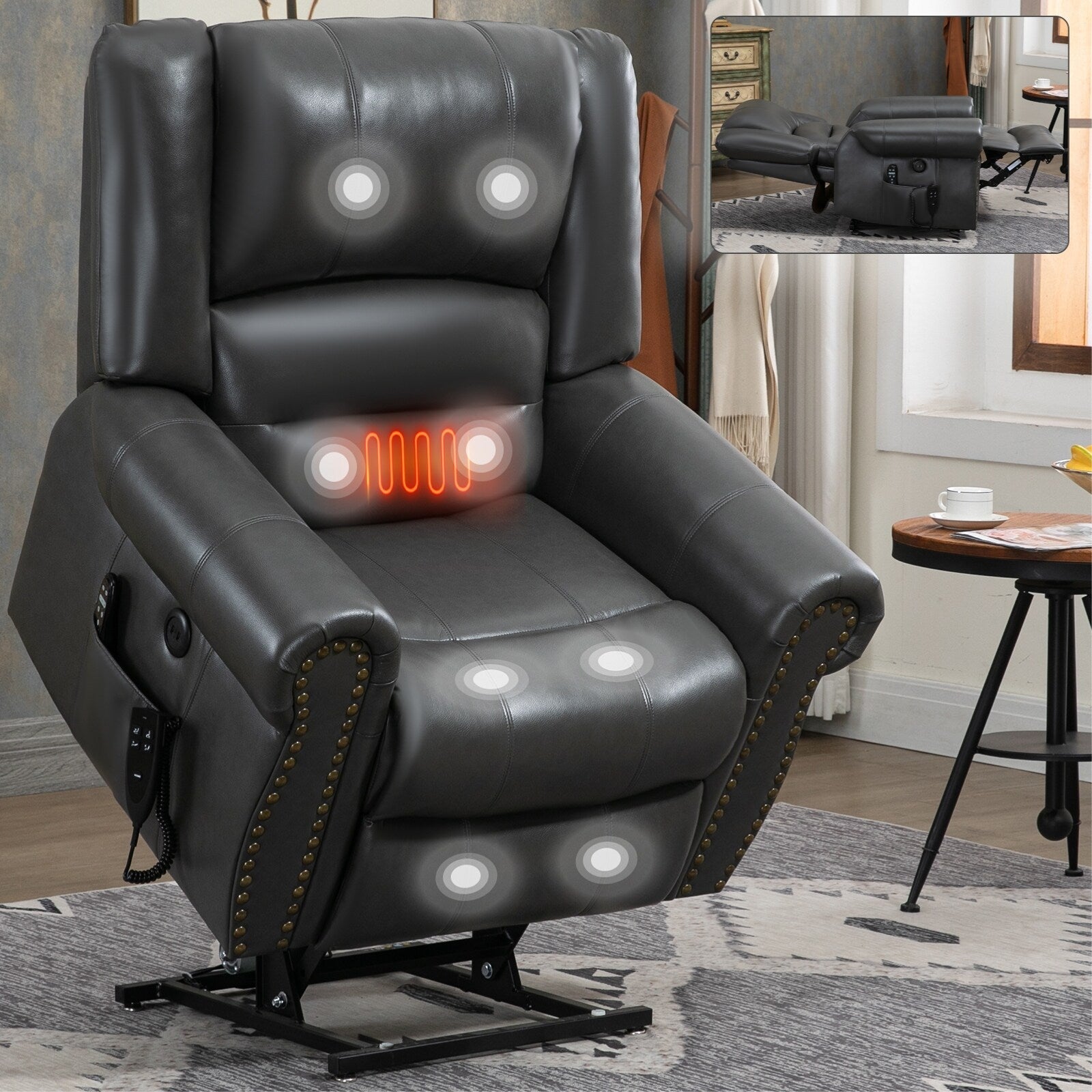 Fauteuil inclinable électrique à double moteur en similicuir marron avec massage thermique, ports USB et inclinaison réglable pour personnes âgées
