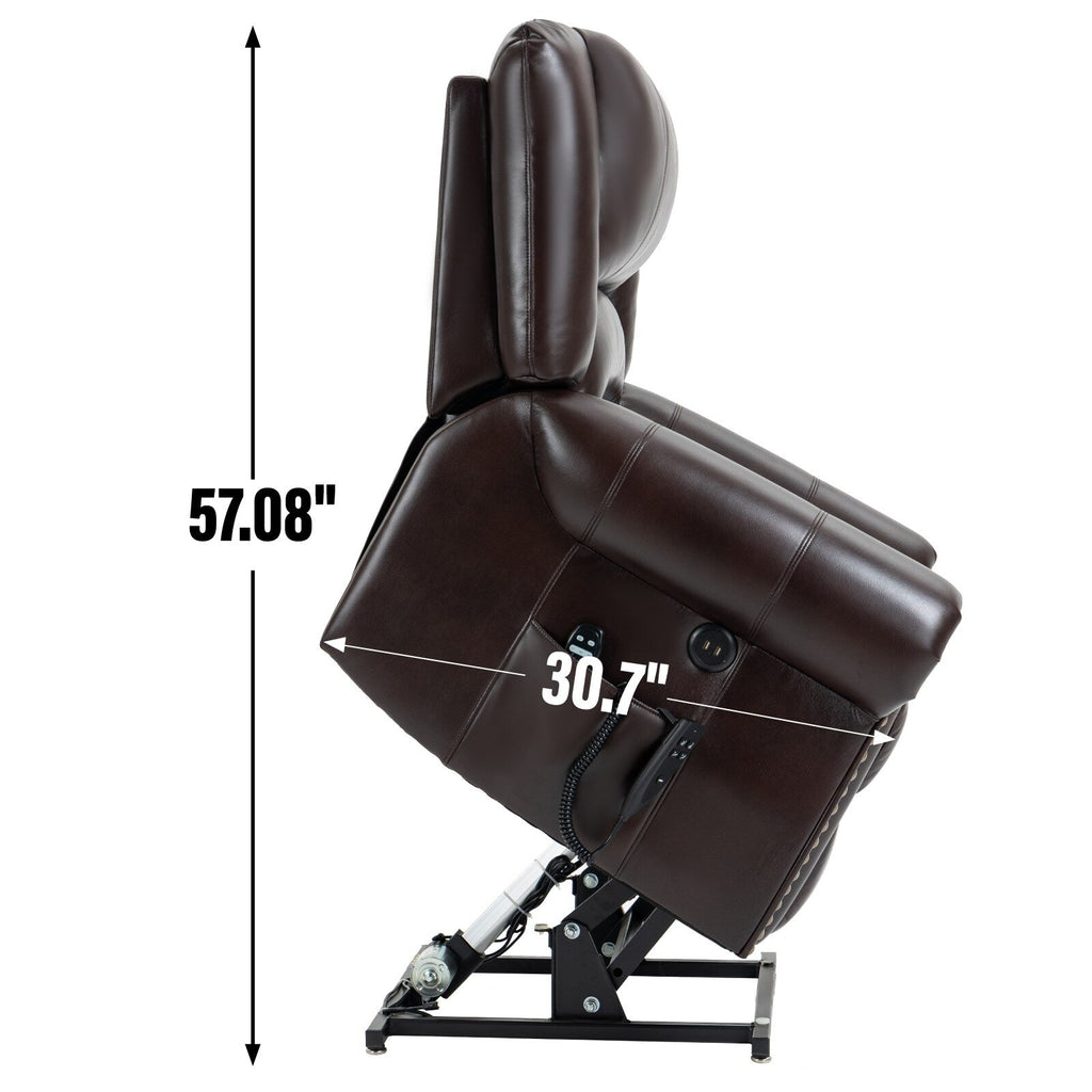 Fauteuil inclinable électrique à double moteur en similicuir marron avec massage thermique, ports USB et inclinaison réglable pour personnes âgées
