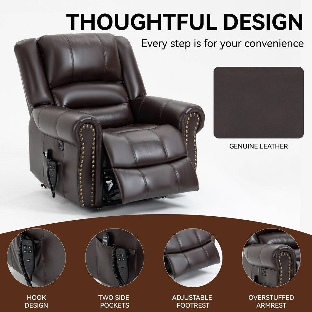 Fauteuil inclinable électrique à double moteur en similicuir marron avec massage thermique, ports USB et inclinaison réglable pour personnes âgées