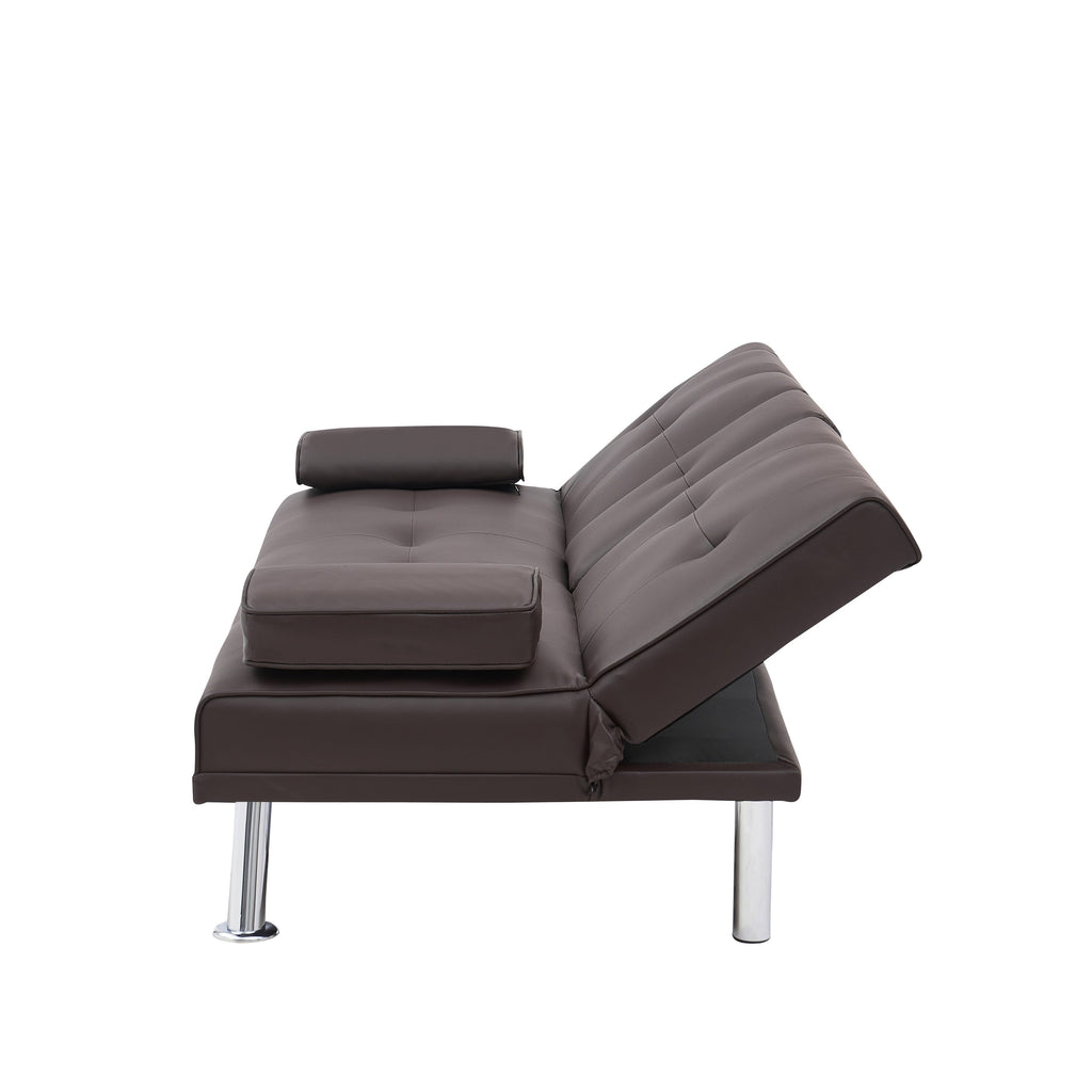 Canapé-lit pliant en similicuir marron avec pieds en métal et porte-gobelet