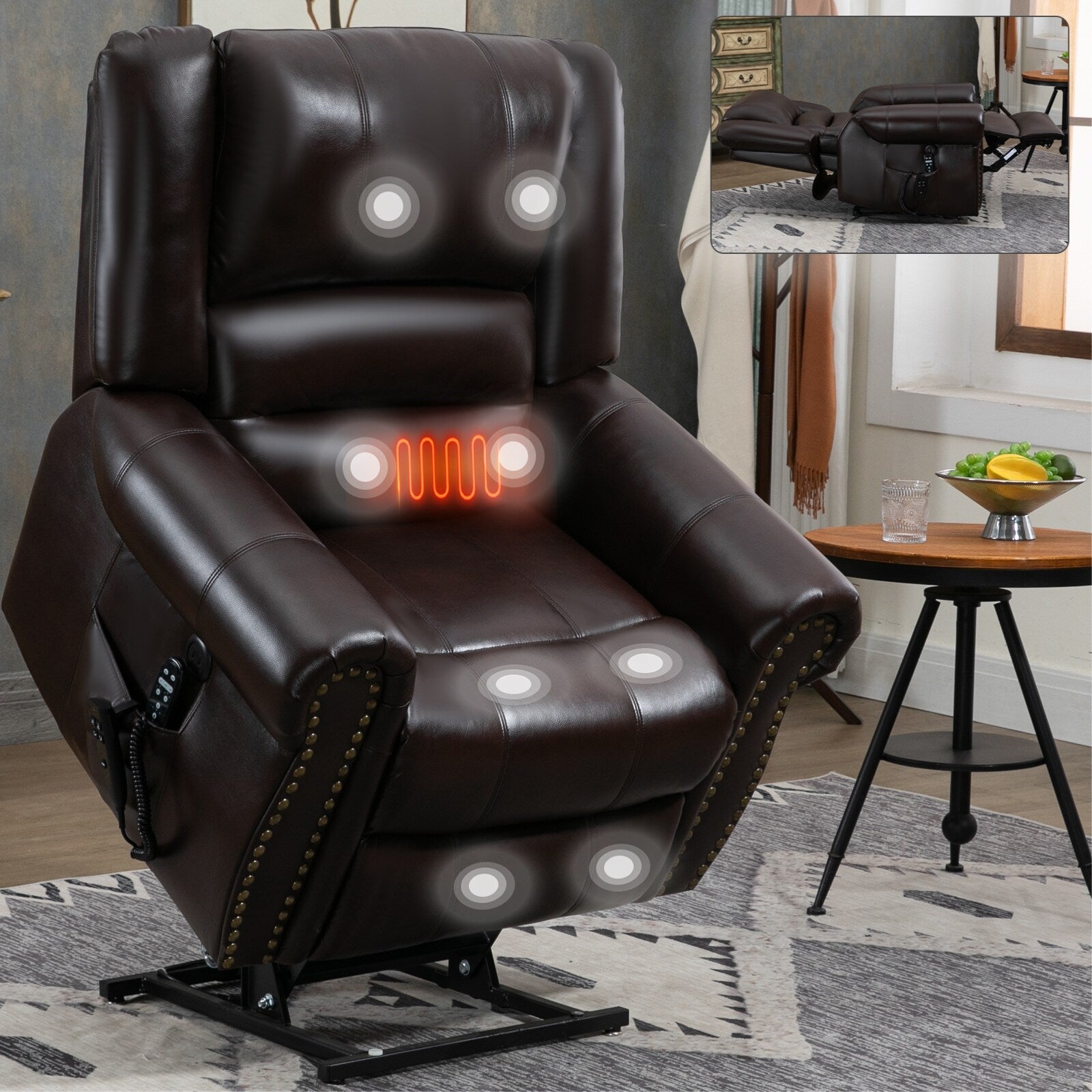 Fauteuil inclinable releveur en similicuir marron avec massage thermique, accès USB et plusieurs réglages d'inclinaison