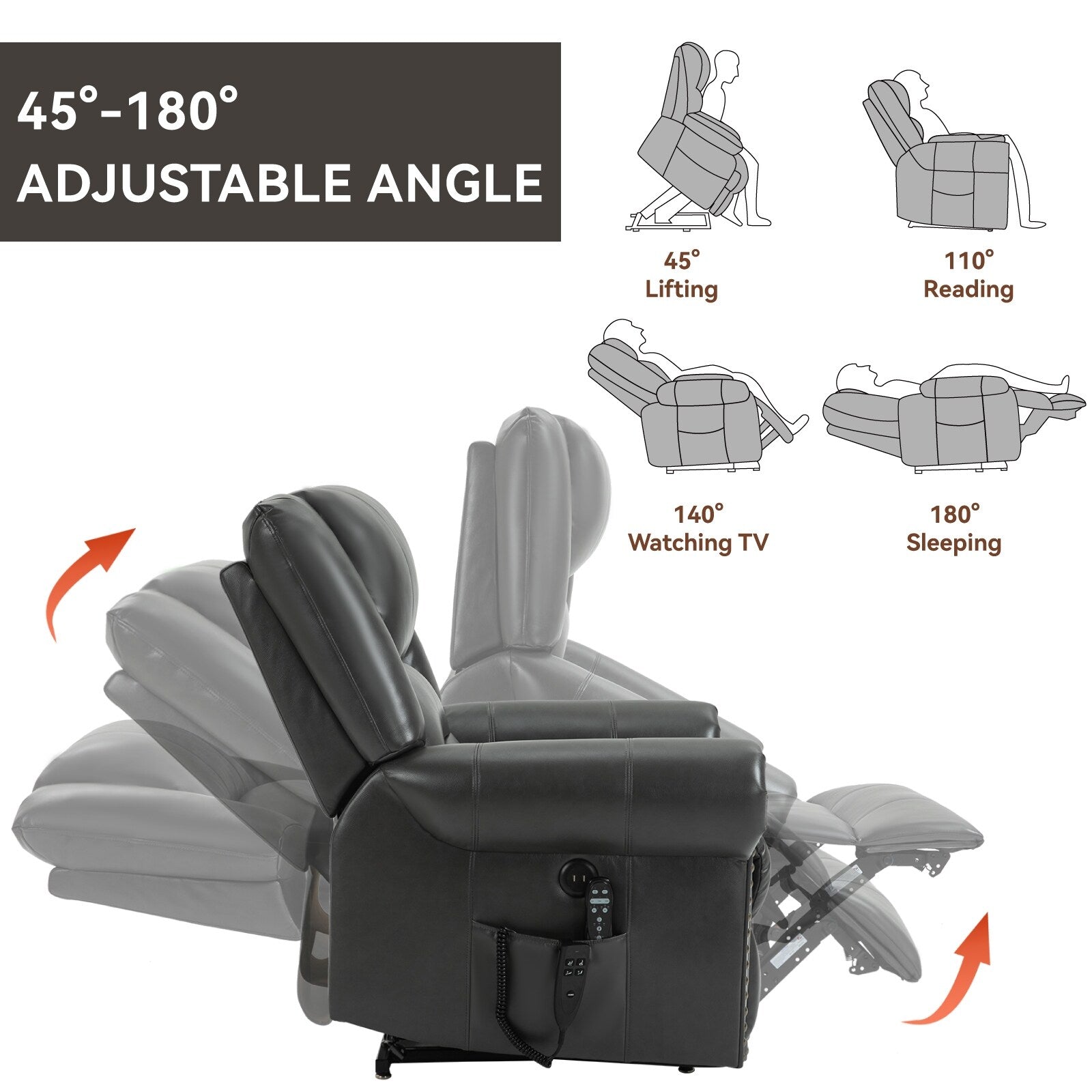 Fauteuil inclinable releveur en similicuir marron avec massage thermique, accès USB et plusieurs réglages d'inclinaison