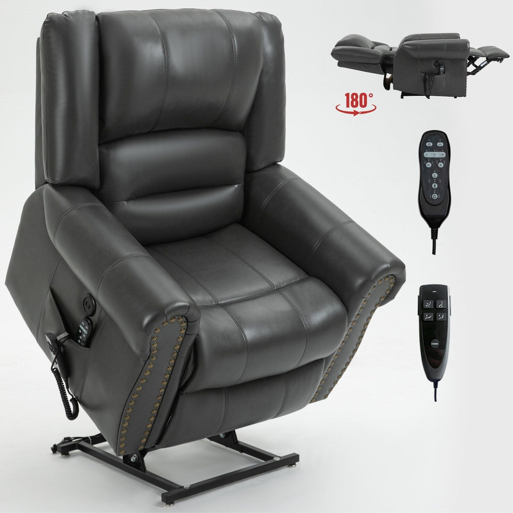 Fauteuil inclinable releveur en similicuir marron avec massage thermique, accès USB et plusieurs réglages d'inclinaison