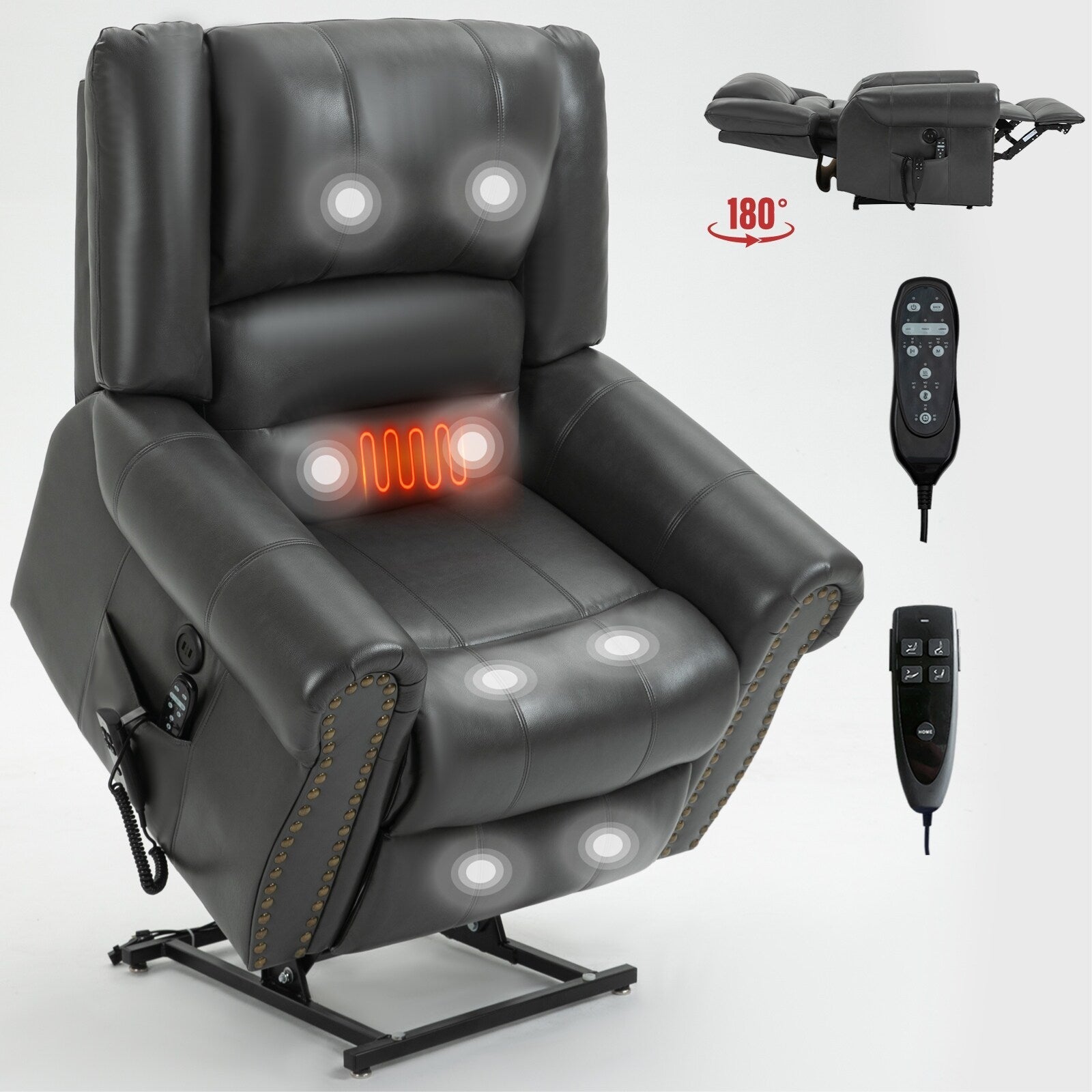 Fauteuil inclinable releveur en similicuir marron avec massage thermique, accès USB et plusieurs réglages d'inclinaison